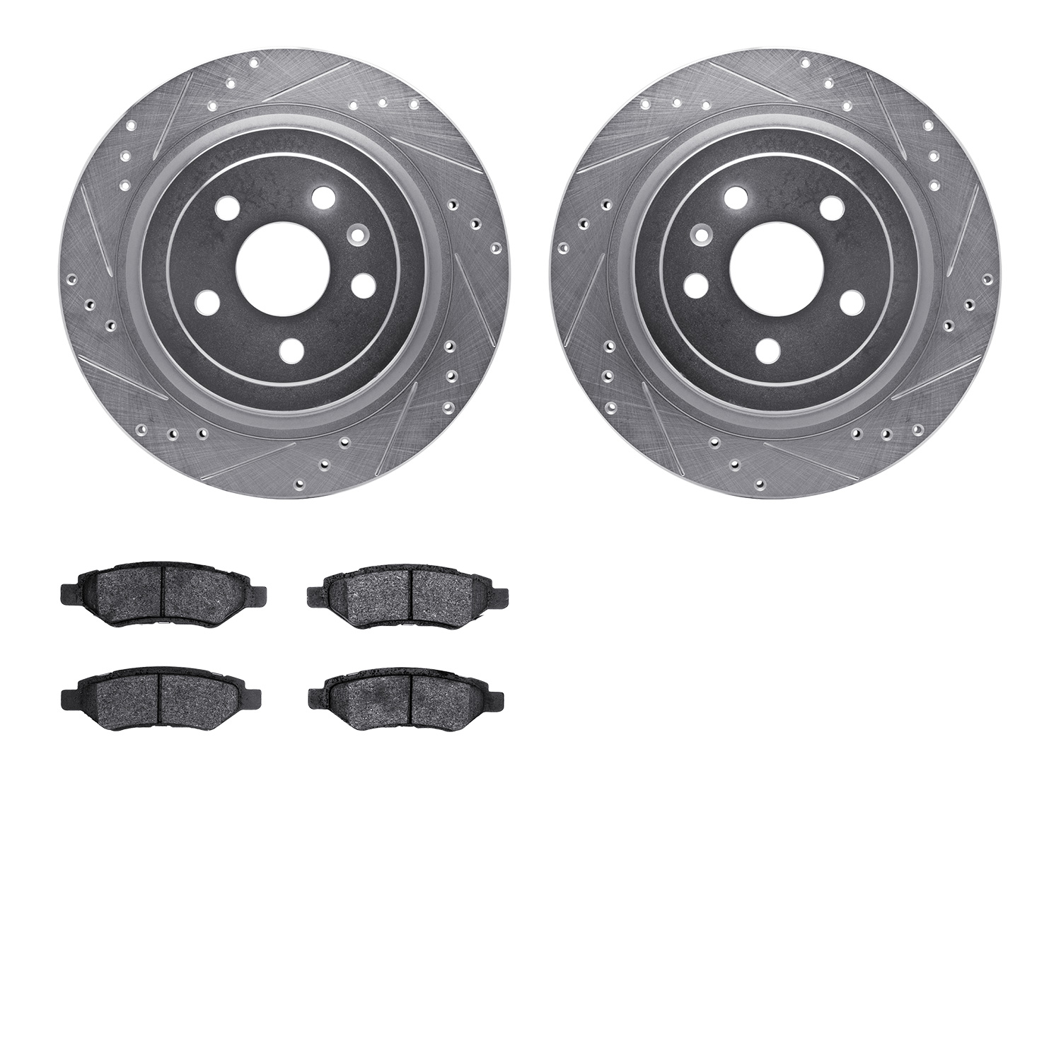 7502-46020 Drilled/Slotted Brake Rotors w/5000 Advanced Brake Pads Kit [Silver], 2008-2014 GM, Position: Rear