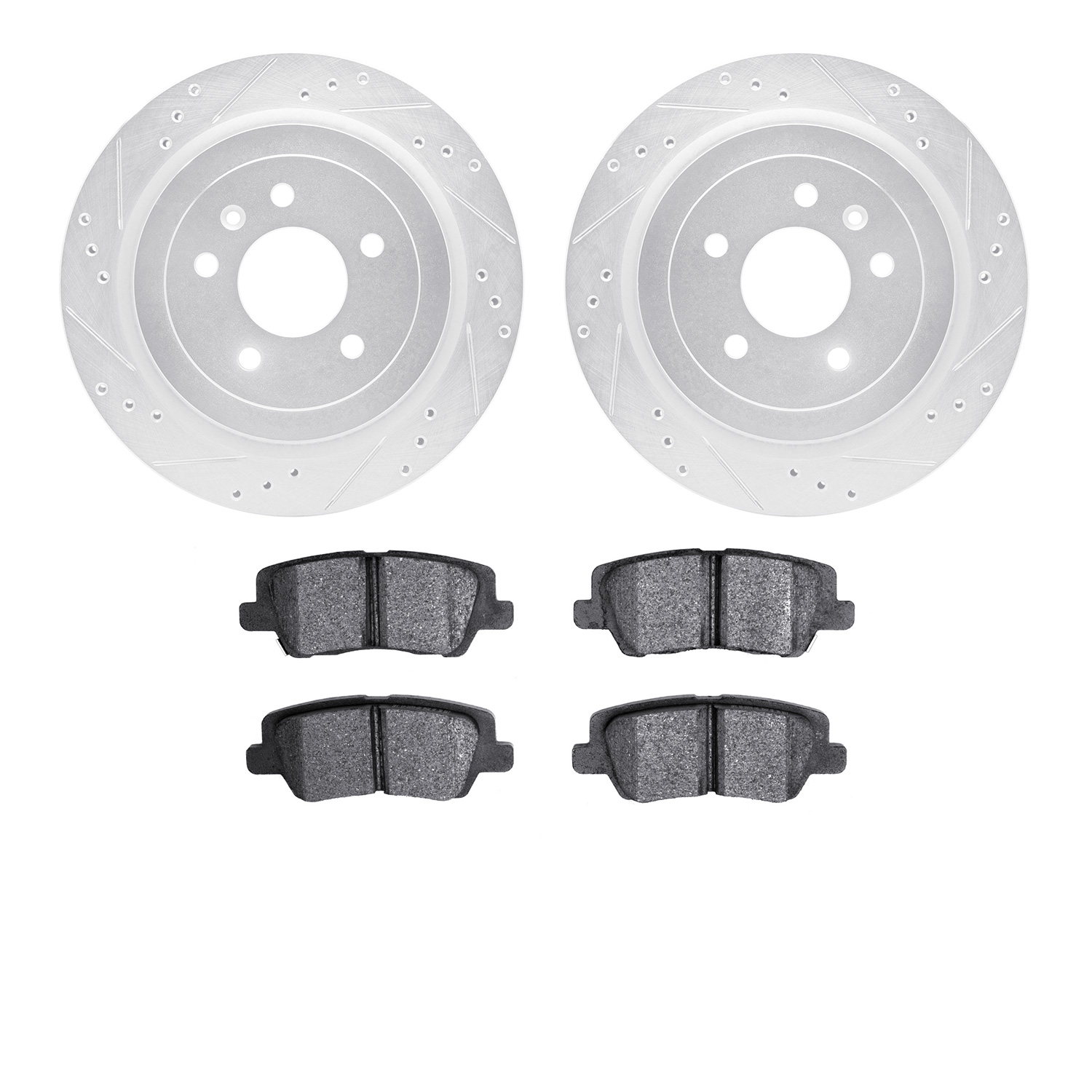 7502-46025 Drilled/Slotted Brake Rotors w/5000 Advanced Brake Pads Kit [Silver], 2013-2015 GM, Position: Rear