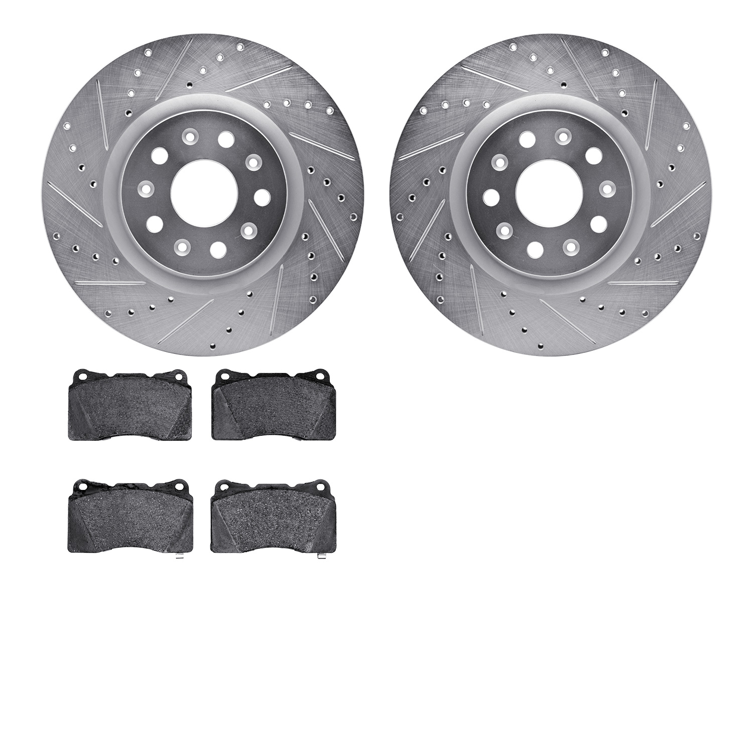 7502-46032 Drilled/Slotted Brake Rotors w/5000 Advanced Brake Pads Kit [Silver], 2014-2020 GM, Position: Front