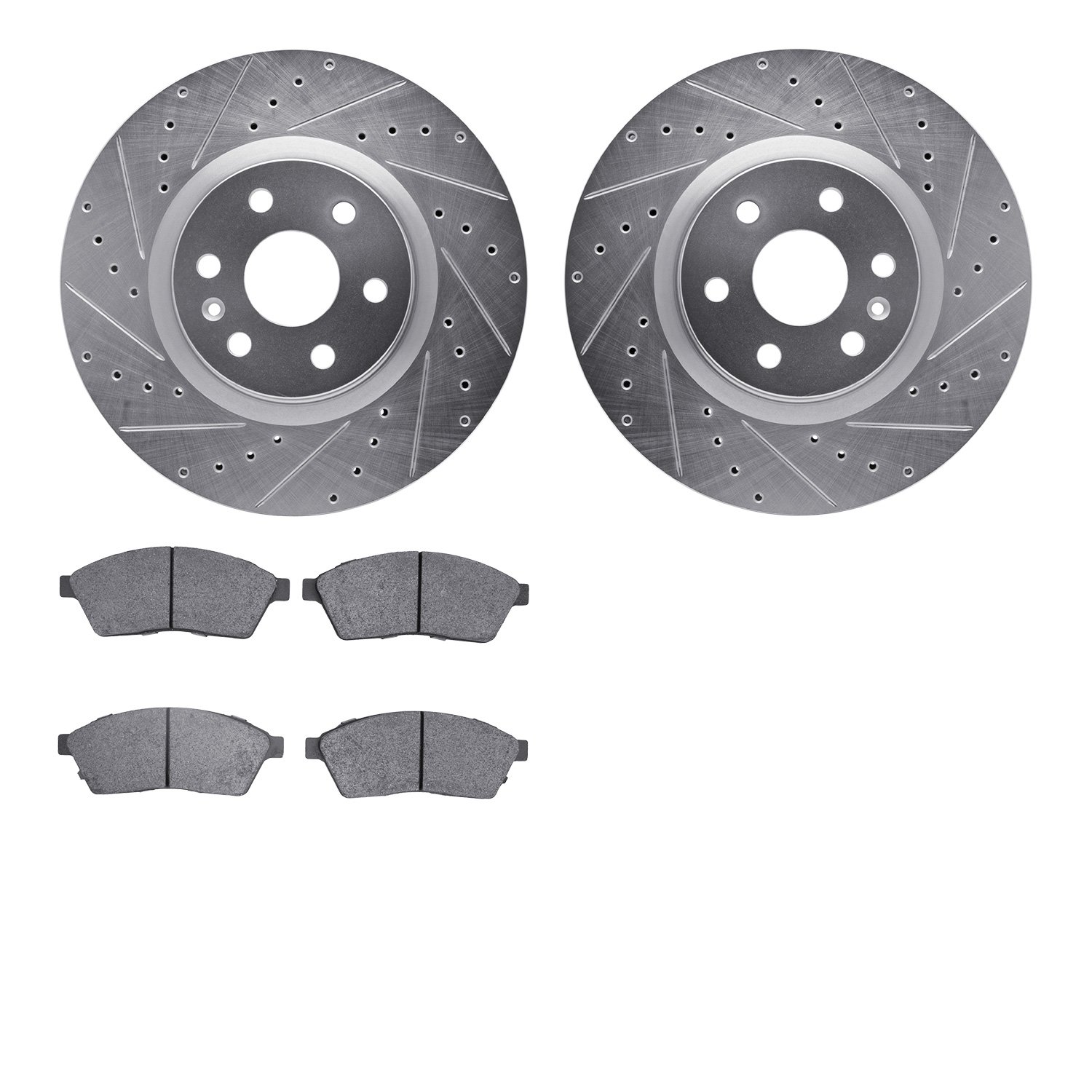 7502-46050 Drilled/Slotted Brake Rotors w/5000 Advanced Brake Pads Kit [Silver], 2010-2016 GM, Position: Front