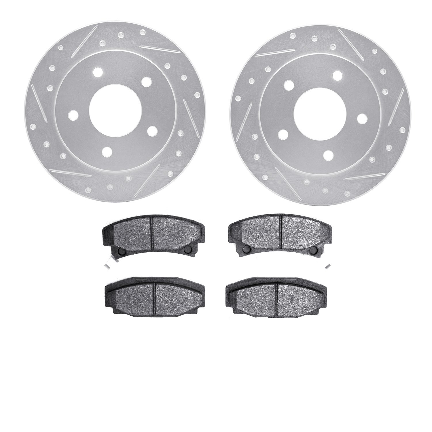 7502-46070 Drilled/Slotted Brake Rotors w/5000 Advanced Brake Pads Kit [Silver], 1986-1992 GM, Position: Rear