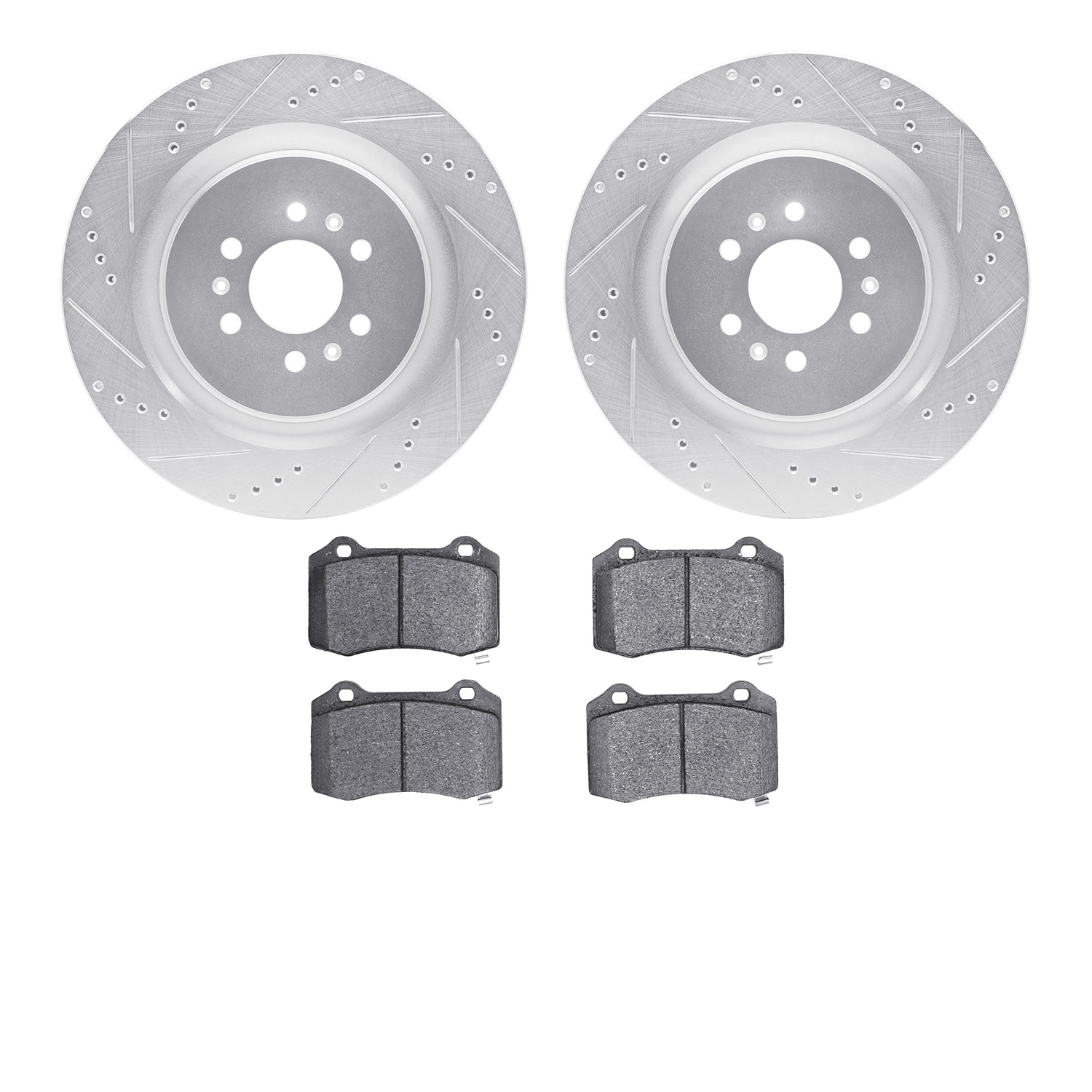 7502-46132 Drilled/Slotted Brake Rotors w/5000 Advanced Brake Pads Kit [Silver], 2004-2011 GM, Position: Rear