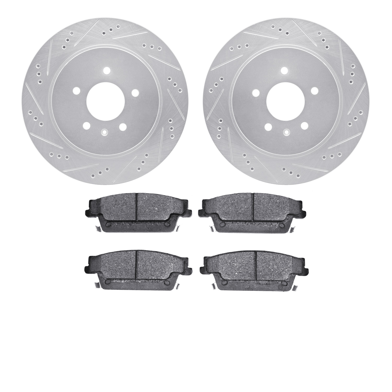 7502-46157 Drilled/Slotted Brake Rotors w/5000 Advanced Brake Pads Kit [Silver], 2005-2011 GM, Position: Rear