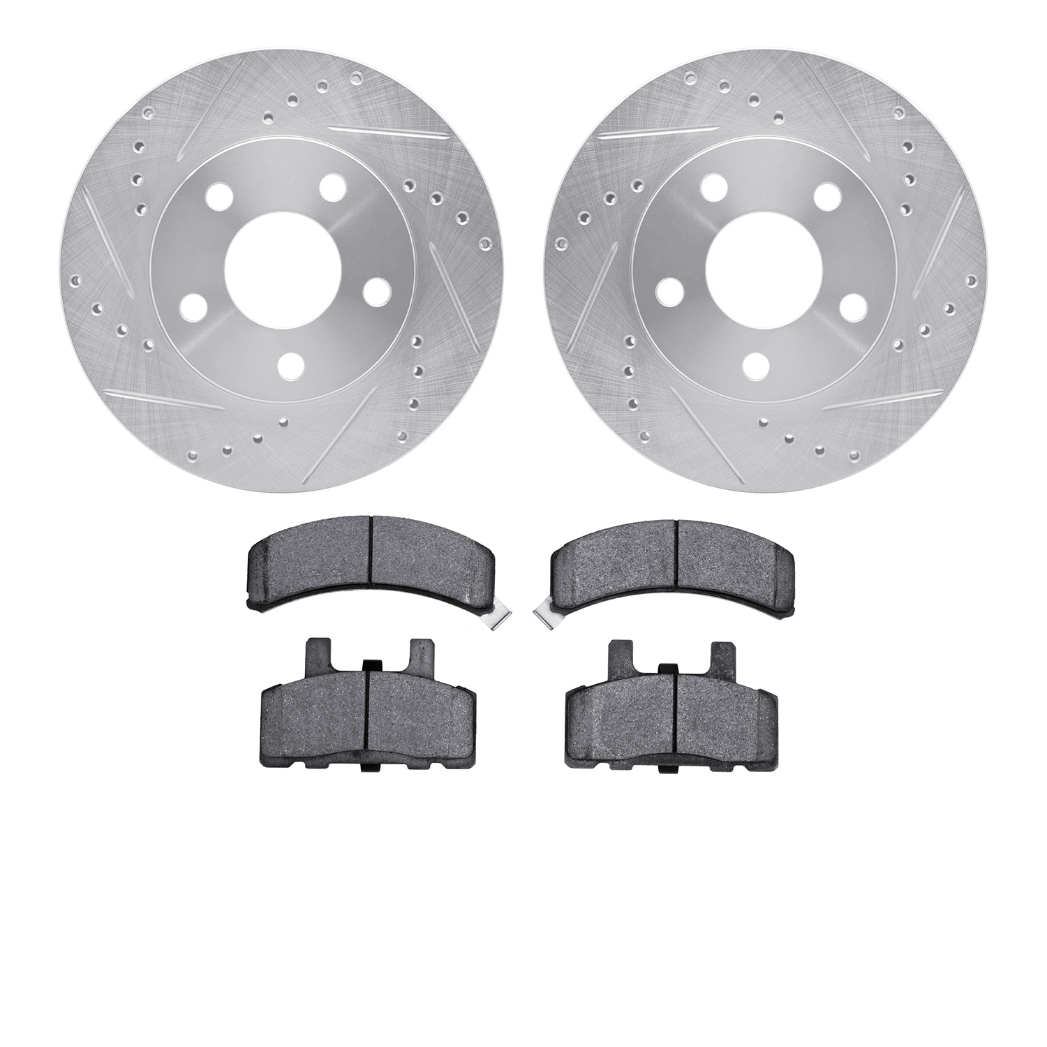 7502-47011 Drilled/Slotted Brake Rotors w/5000 Advanced Brake Pads Kit [Silver], 1990-1992 GM, Position: Front