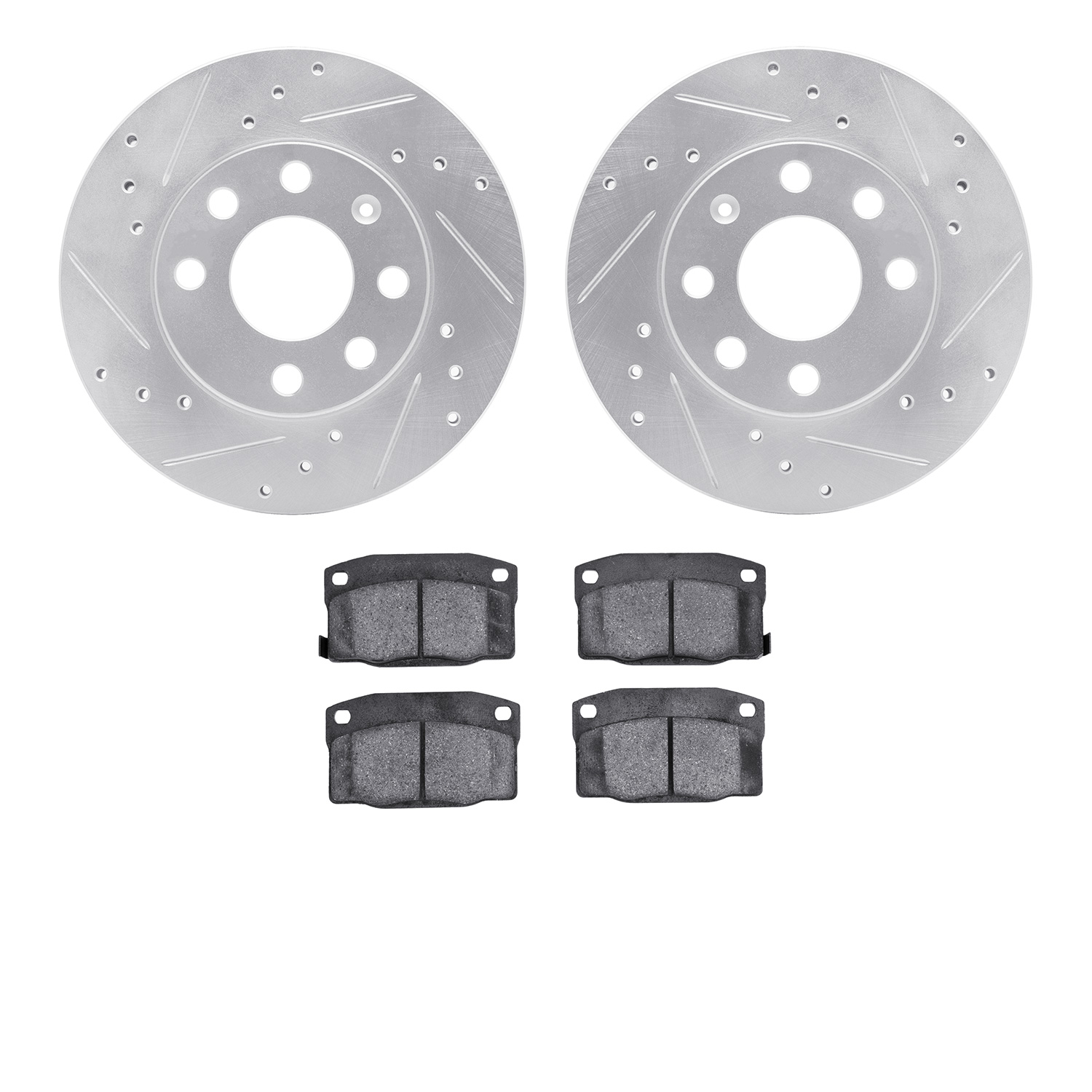 7502-47027 Drilled/Slotted Brake Rotors w/5000 Advanced Brake Pads Kit [Silver], 1988-1993 GM, Position: Front