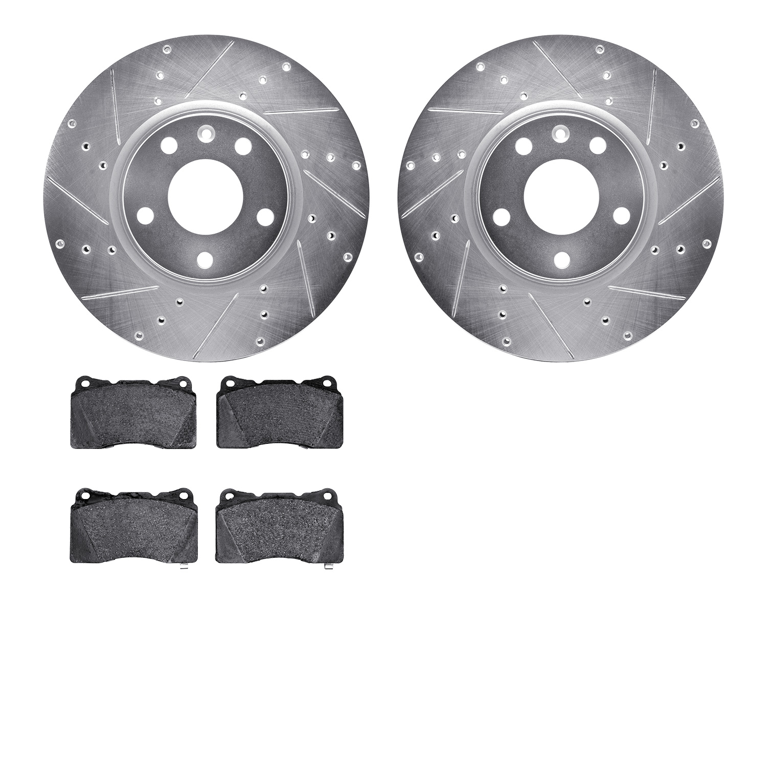 7502-47030 Drilled/Slotted Brake Rotors w/5000 Advanced Brake Pads Kit [Silver], 2014-2019 GM, Position: Front