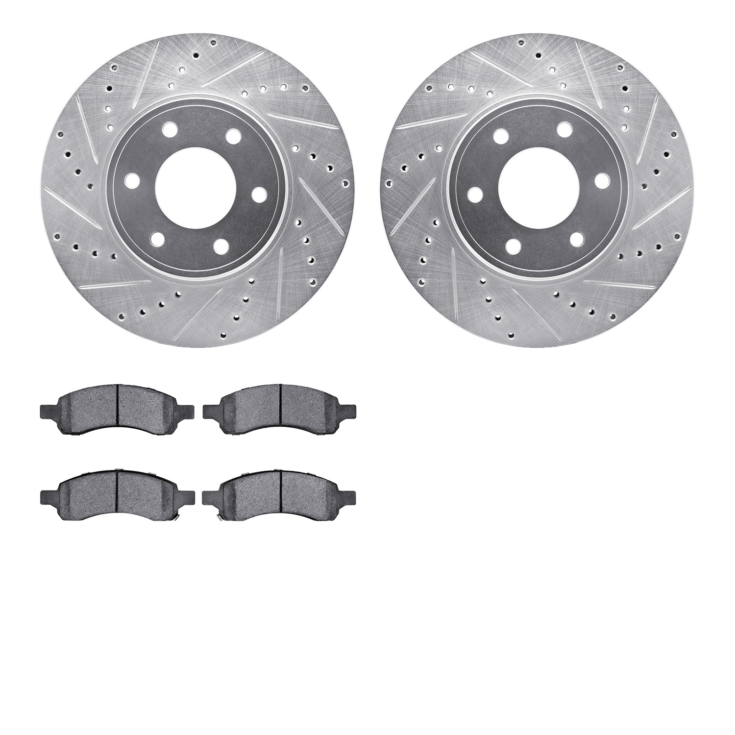 7502-47057 Drilled/Slotted Brake Rotors w/5000 Advanced Brake Pads Kit [Silver], 2006-2009 GM, Position: Front