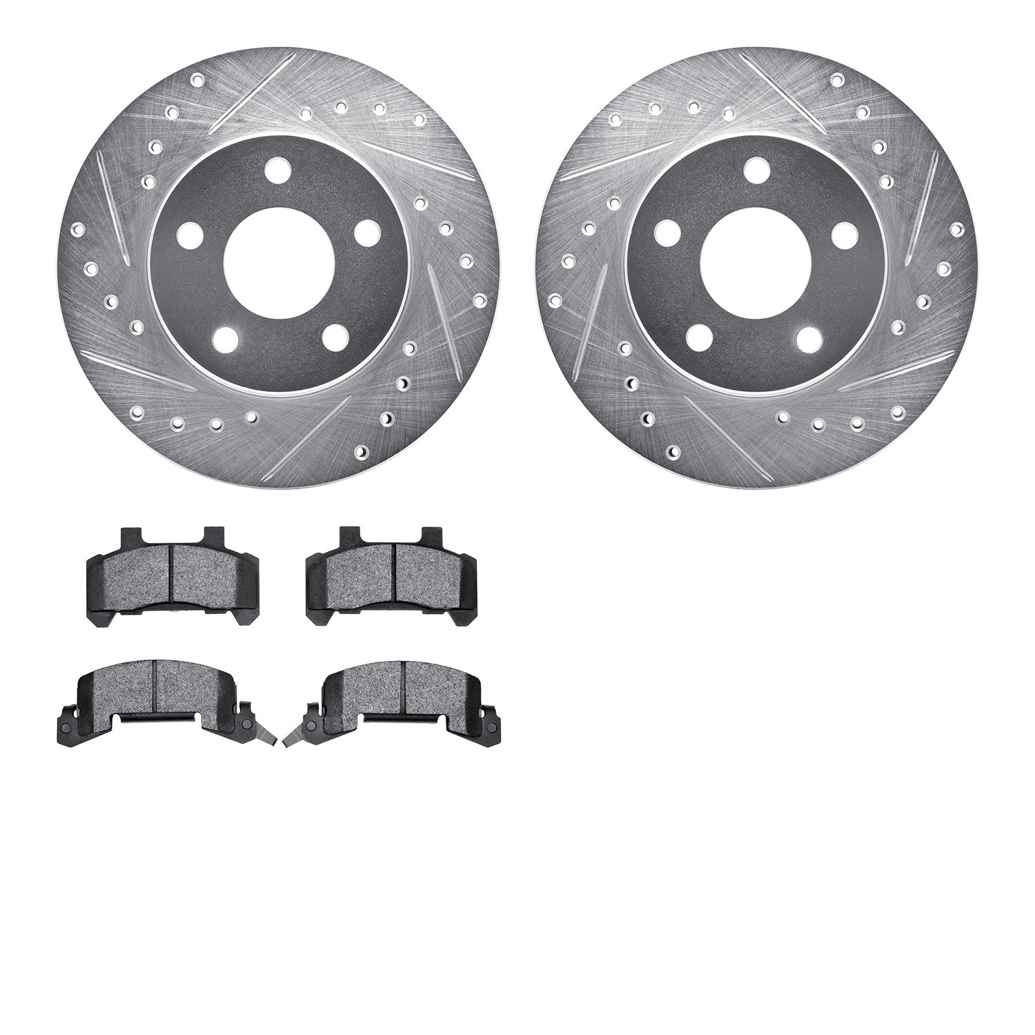 7502-47064 Drilled/Slotted Brake Rotors w/5000 Advanced Brake Pads Kit [Silver], 1985-1991 GM, Position: Front