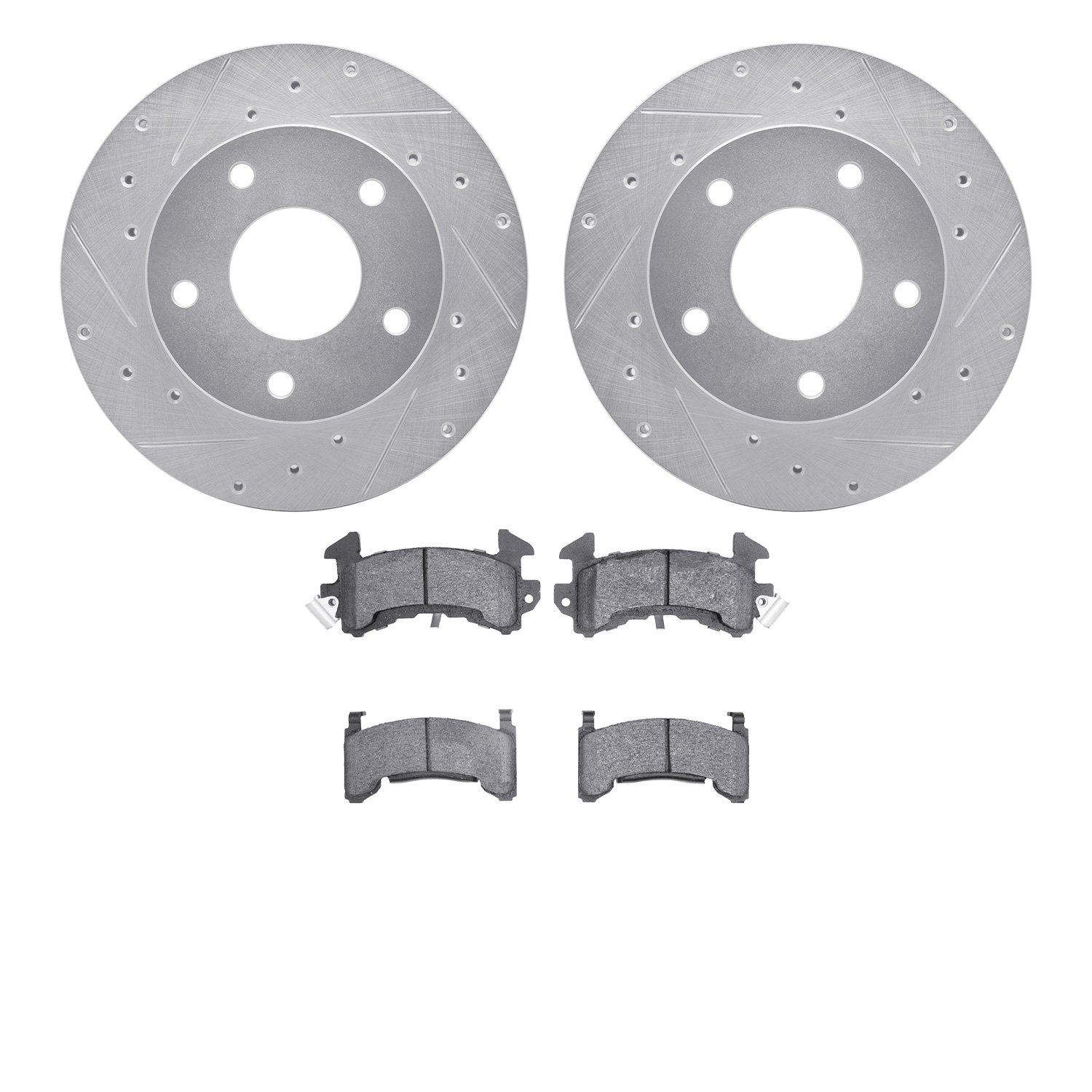 7502-47070 Drilled/Slotted Brake Rotors w/5000 Advanced Brake Pads Kit [Silver], 1982-1988 GM, Position: Rear