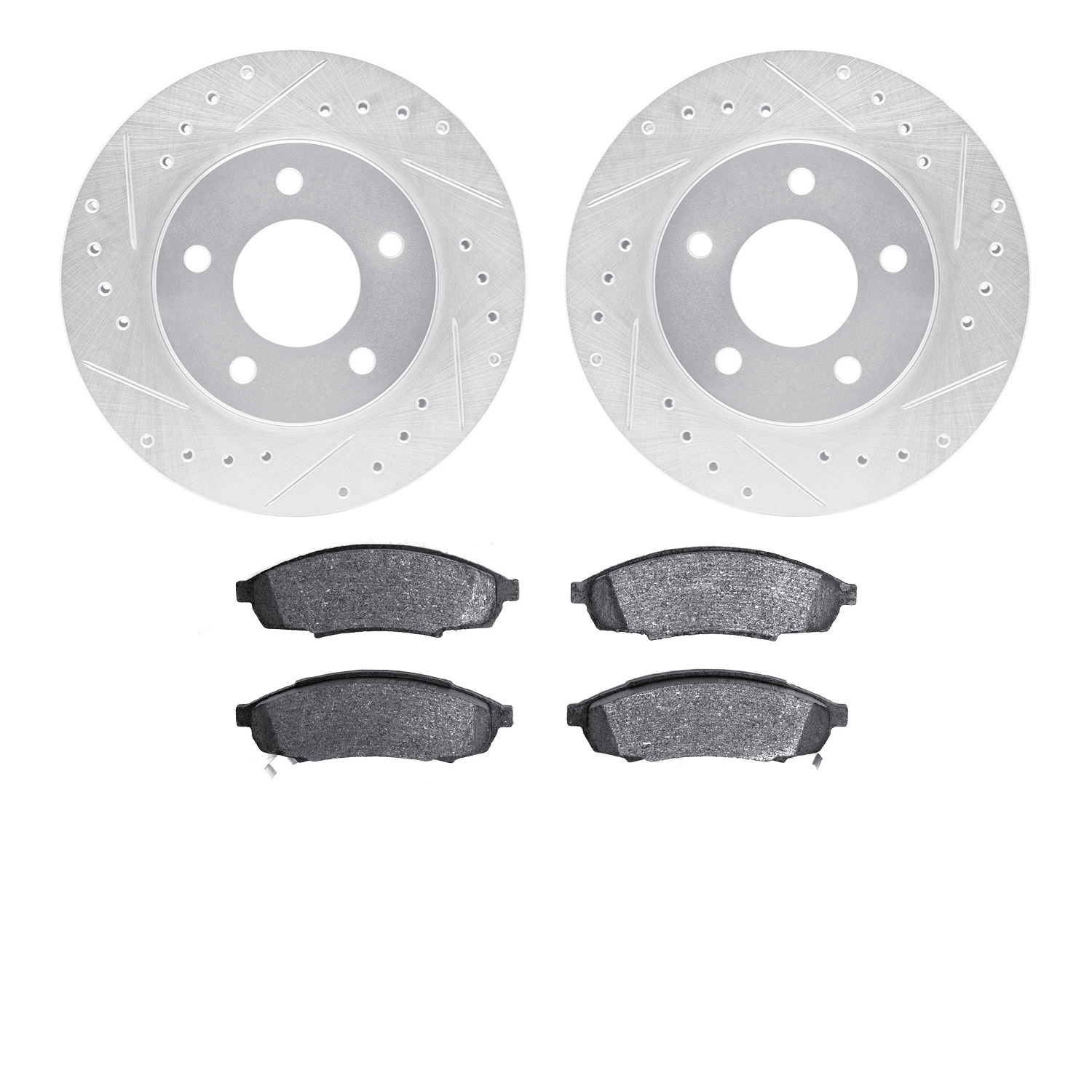7502-47085 Drilled/Slotted Brake Rotors w/5000 Advanced Brake Pads Kit [Silver], 1988-1996 GM, Position: Front
