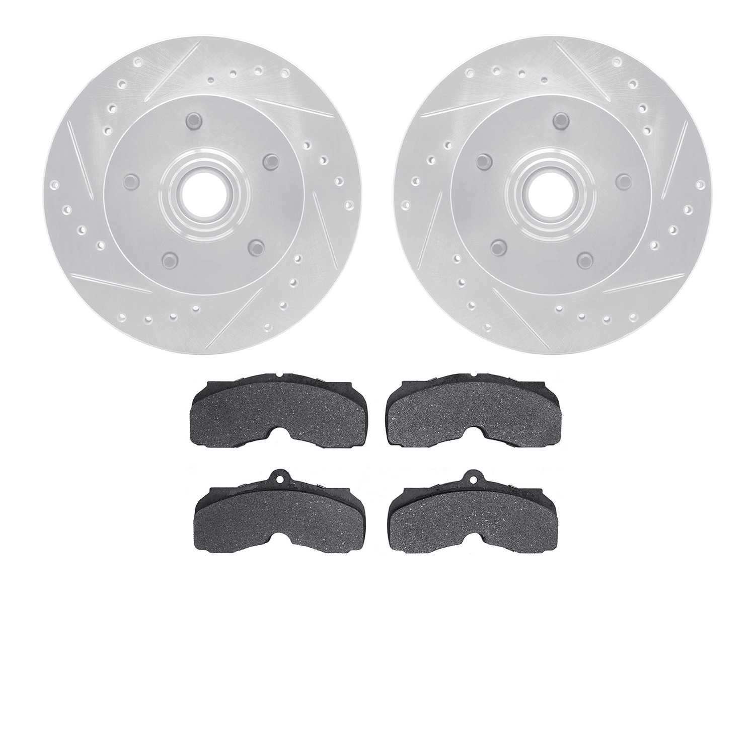 7502-47095 Drilled/Slotted Brake Rotors w/5000 Advanced Brake Pads Kit [Silver], 1967-1968 GM, Position: Front