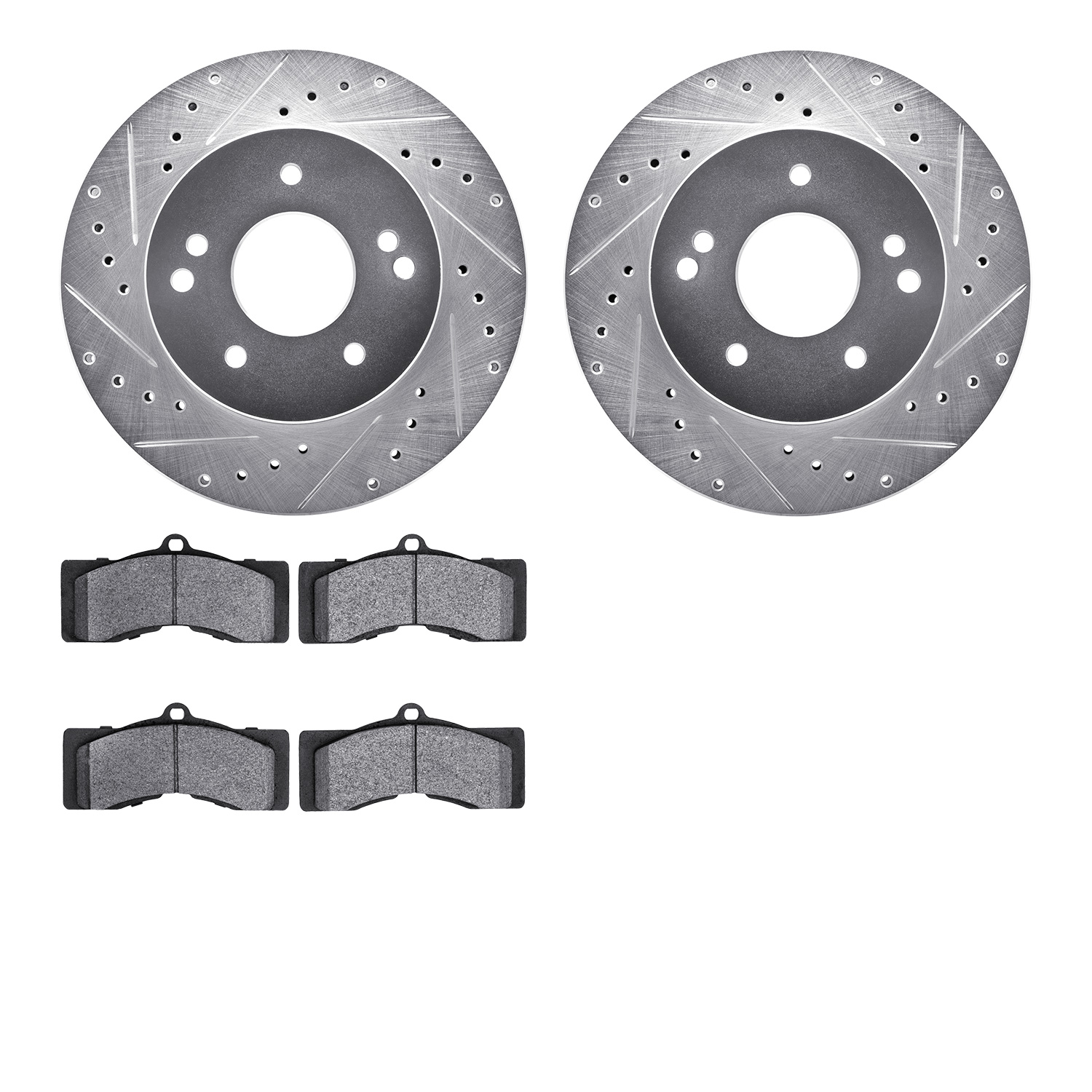 7502-47116 Drilled/Slotted Brake Rotors w/5000 Advanced Brake Pads Kit [Silver], 1963-1982 GM, Position: Rear, Front