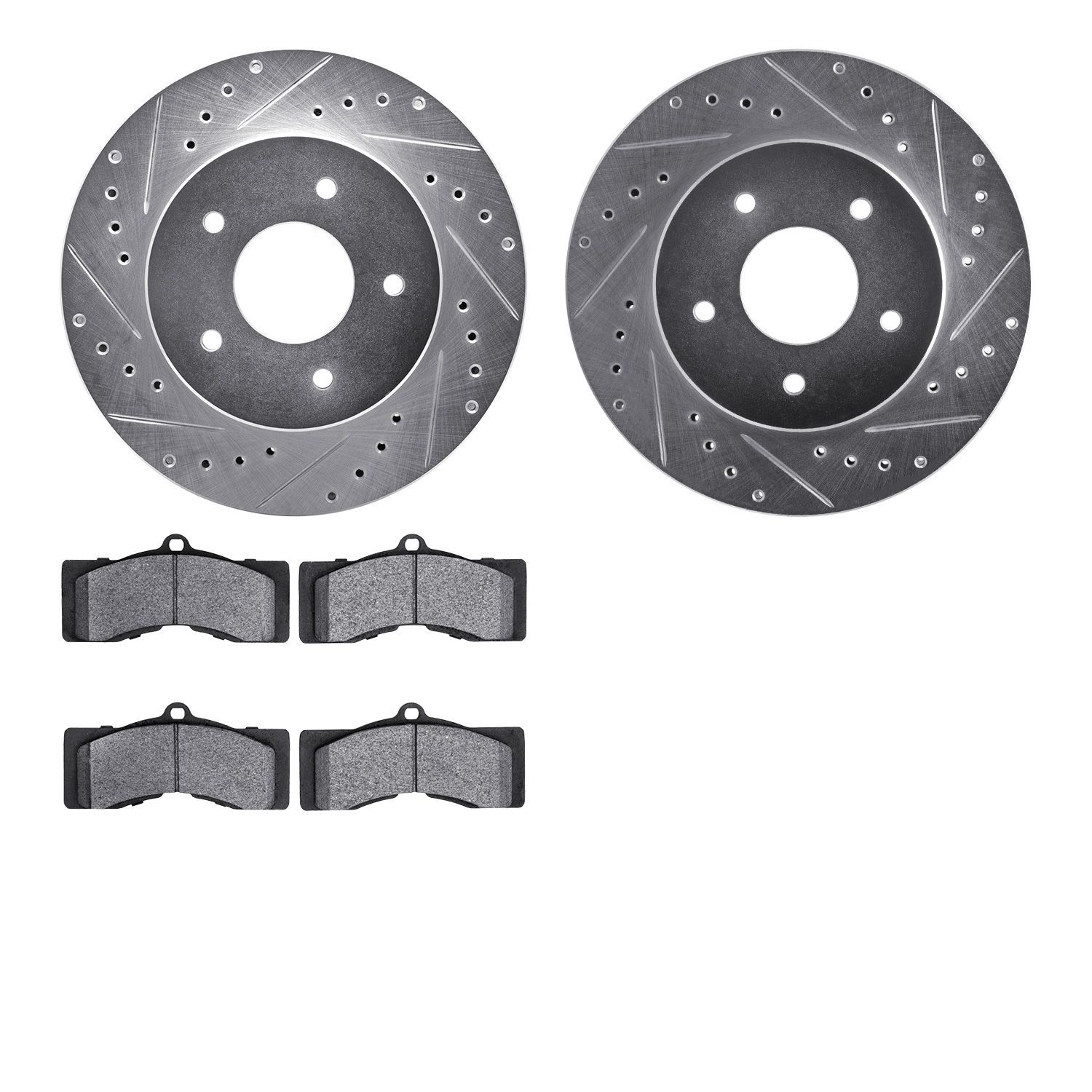 7502-47124 Drilled/Slotted Brake Rotors w/5000 Advanced Brake Pads Kit [Silver], 1963-1982 GM, Position: Front