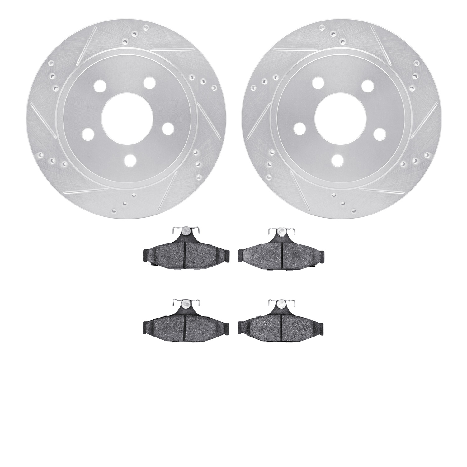 7502-47152 Drilled/Slotted Brake Rotors w/5000 Advanced Brake Pads Kit [Silver], 1993-1997 GM, Position: Rear