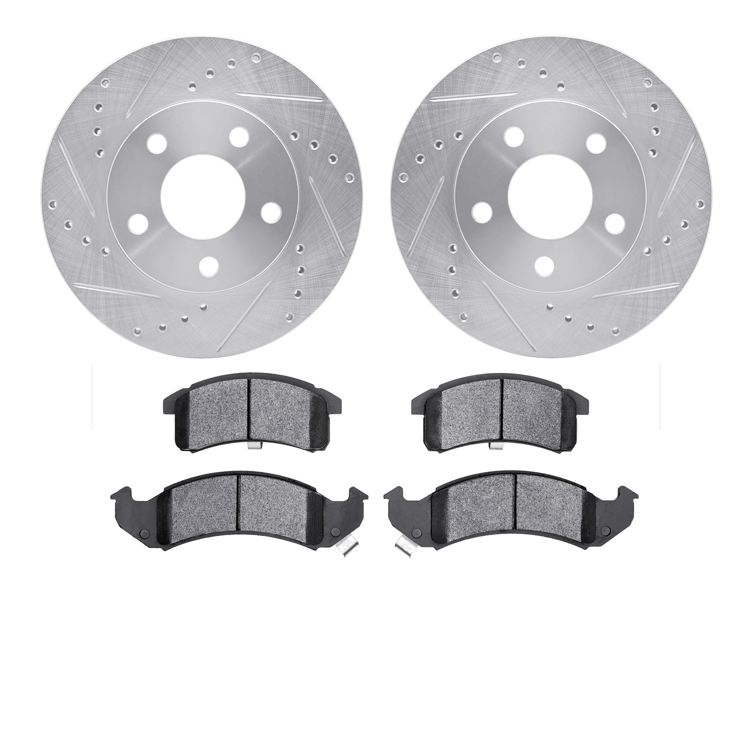 7502-47155 Drilled/Slotted Brake Rotors w/5000 Advanced Brake Pads Kit [Silver], 1994-1997 GM, Position: Front