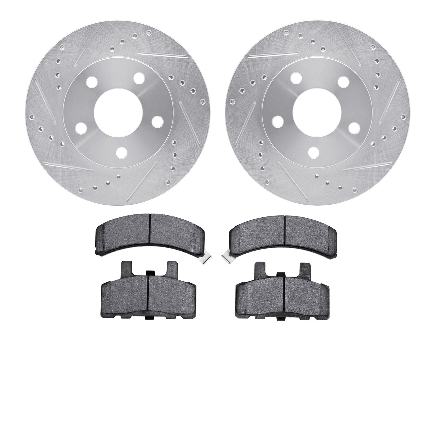 7502-47157 Drilled/Slotted Brake Rotors w/5000 Advanced Brake Pads Kit [Silver], 1990-1993 GM, Position: Front