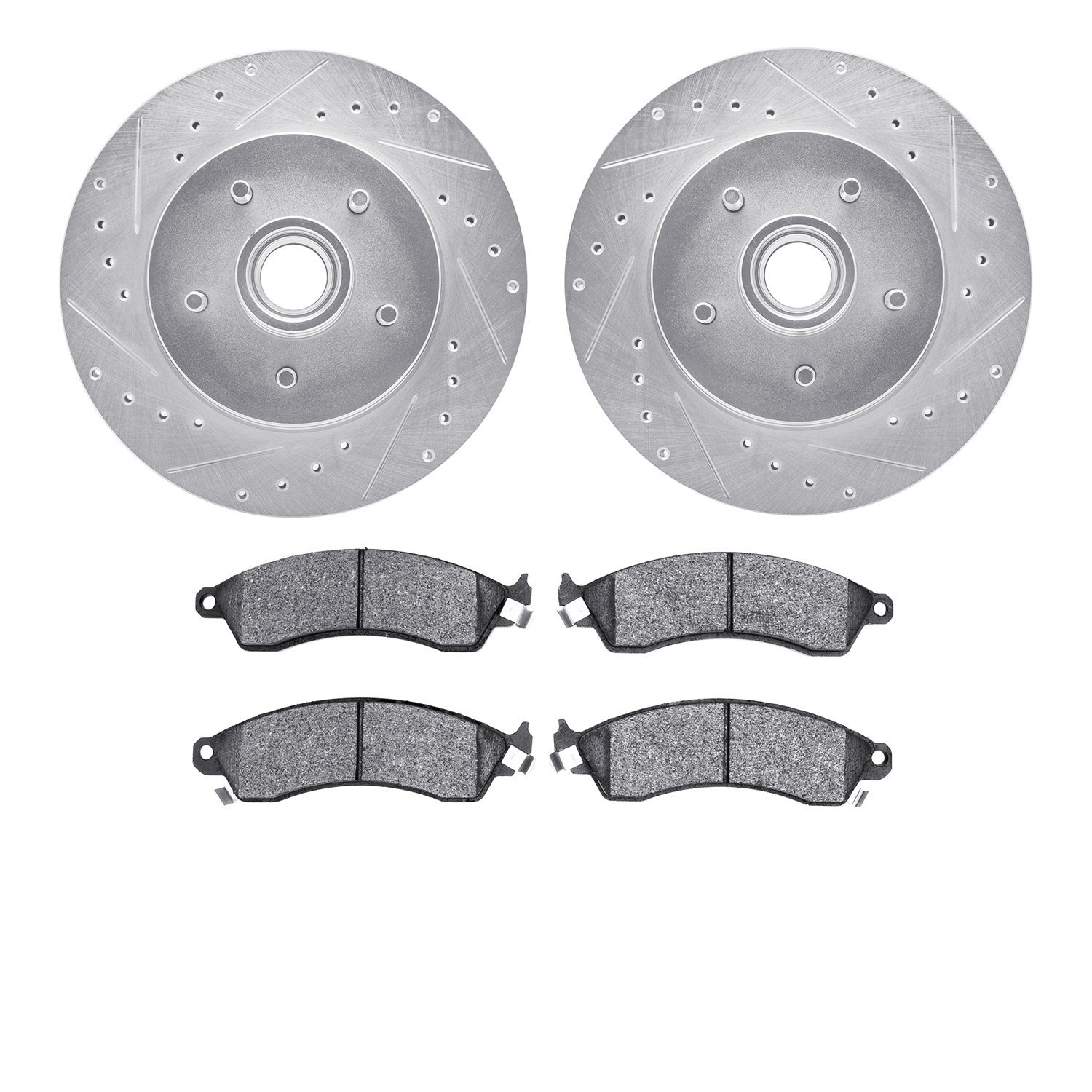 7502-47159 Drilled/Slotted Brake Rotors w/5000 Advanced Brake Pads Kit [Silver], 1985-1992 GM, Position: Front