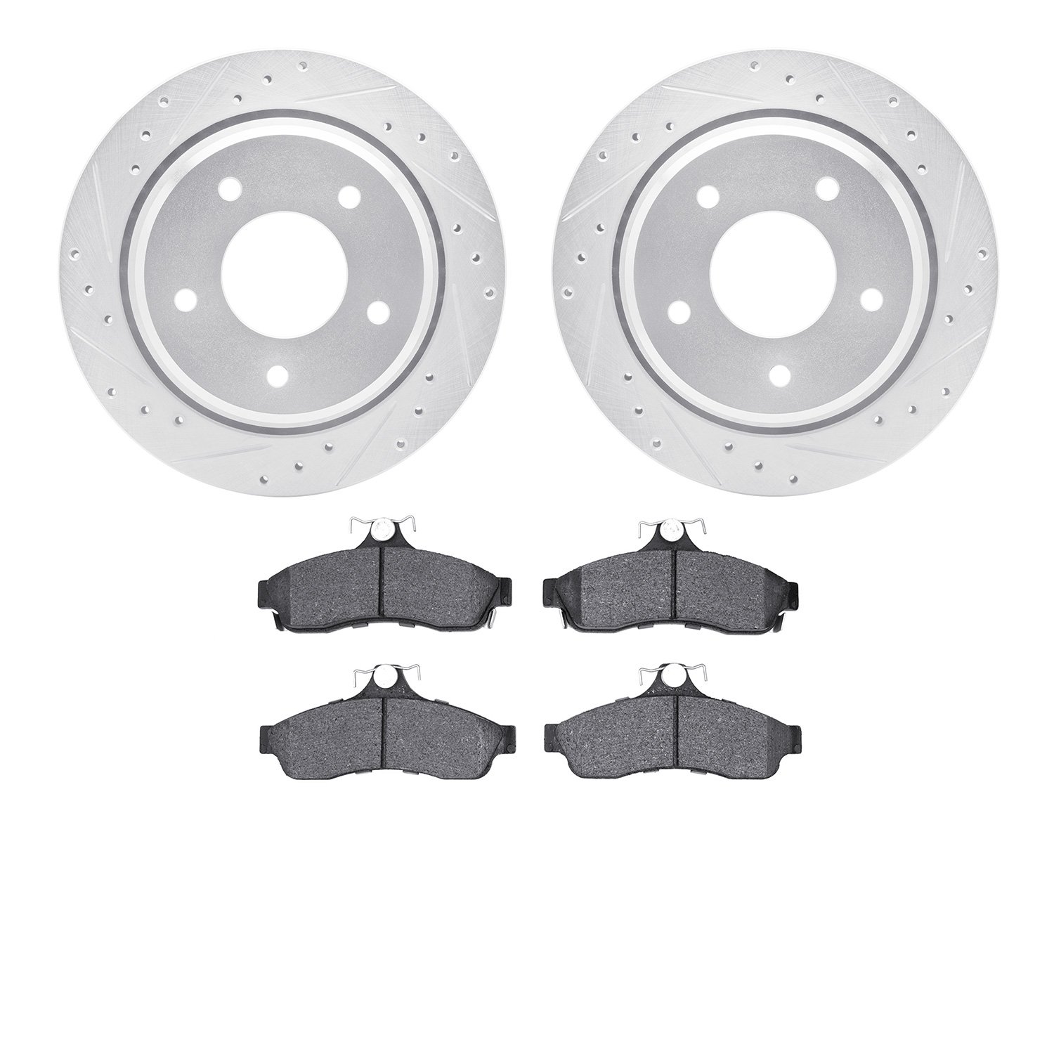 7502-47170 Drilled/Slotted Brake Rotors w/5000 Advanced Brake Pads Kit [Silver], 1994-1996 GM, Position: Rear