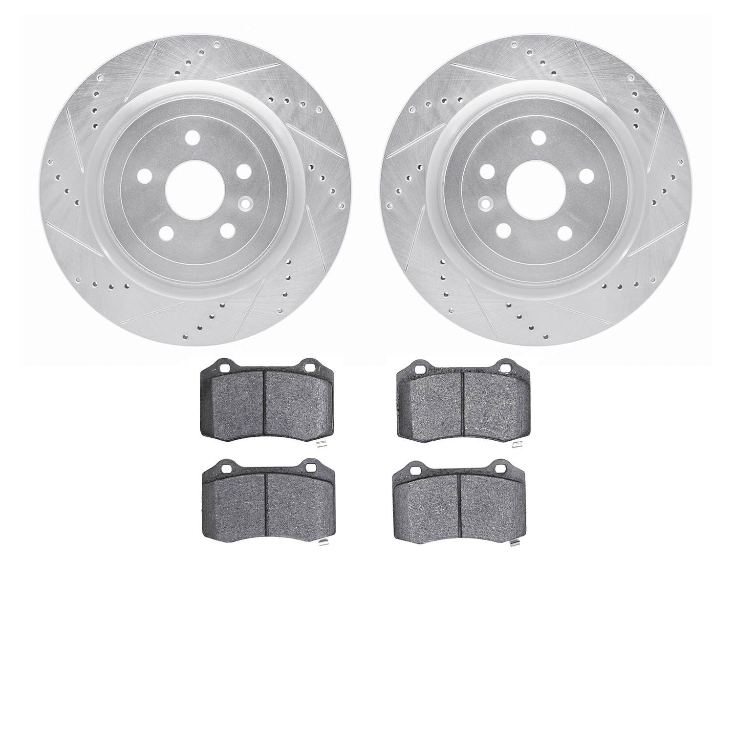 7502-47217 Drilled/Slotted Brake Rotors w/5000 Advanced Brake Pads Kit [Silver], Fits Select GM, Position: Rear