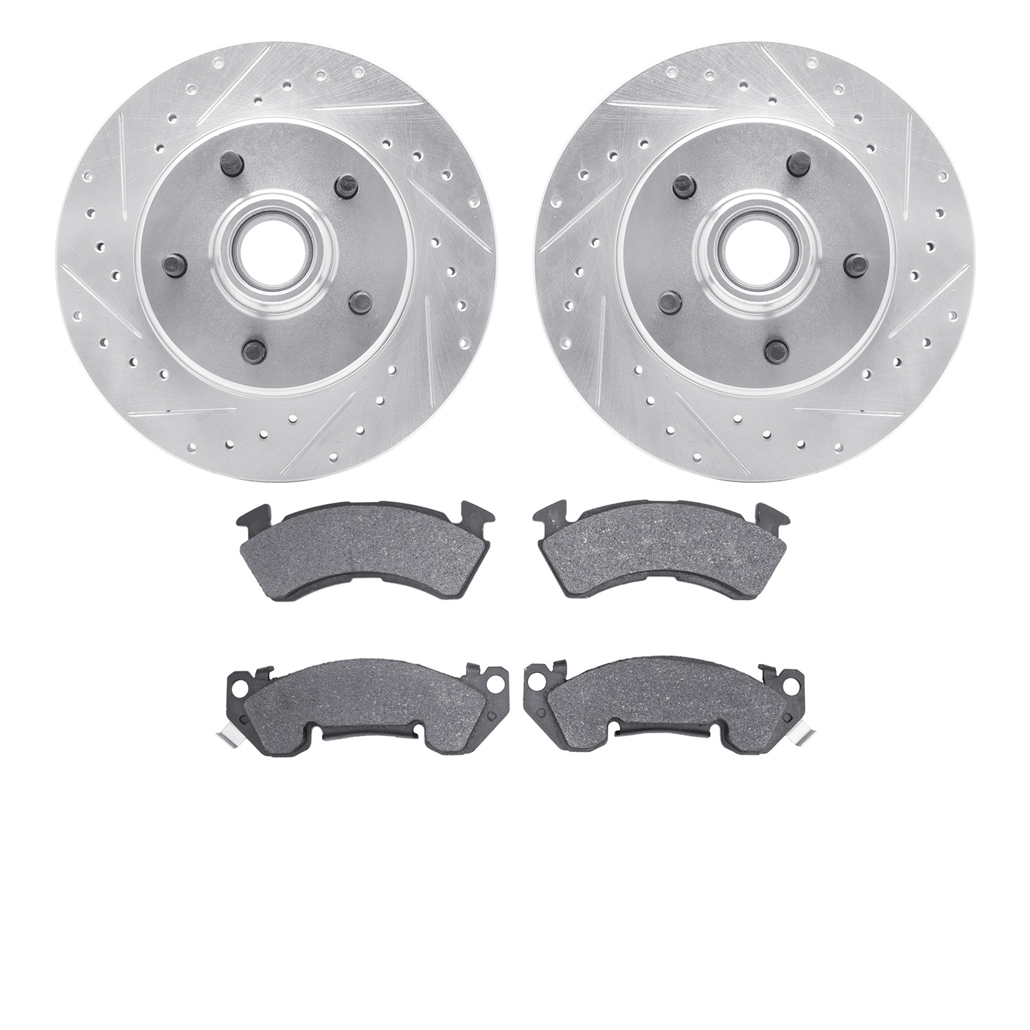 7502-47280 Drilled/Slotted Brake Rotors w/5000 Advanced Brake Pads Kit [Silver], 1990-1990 GM, Position: Front