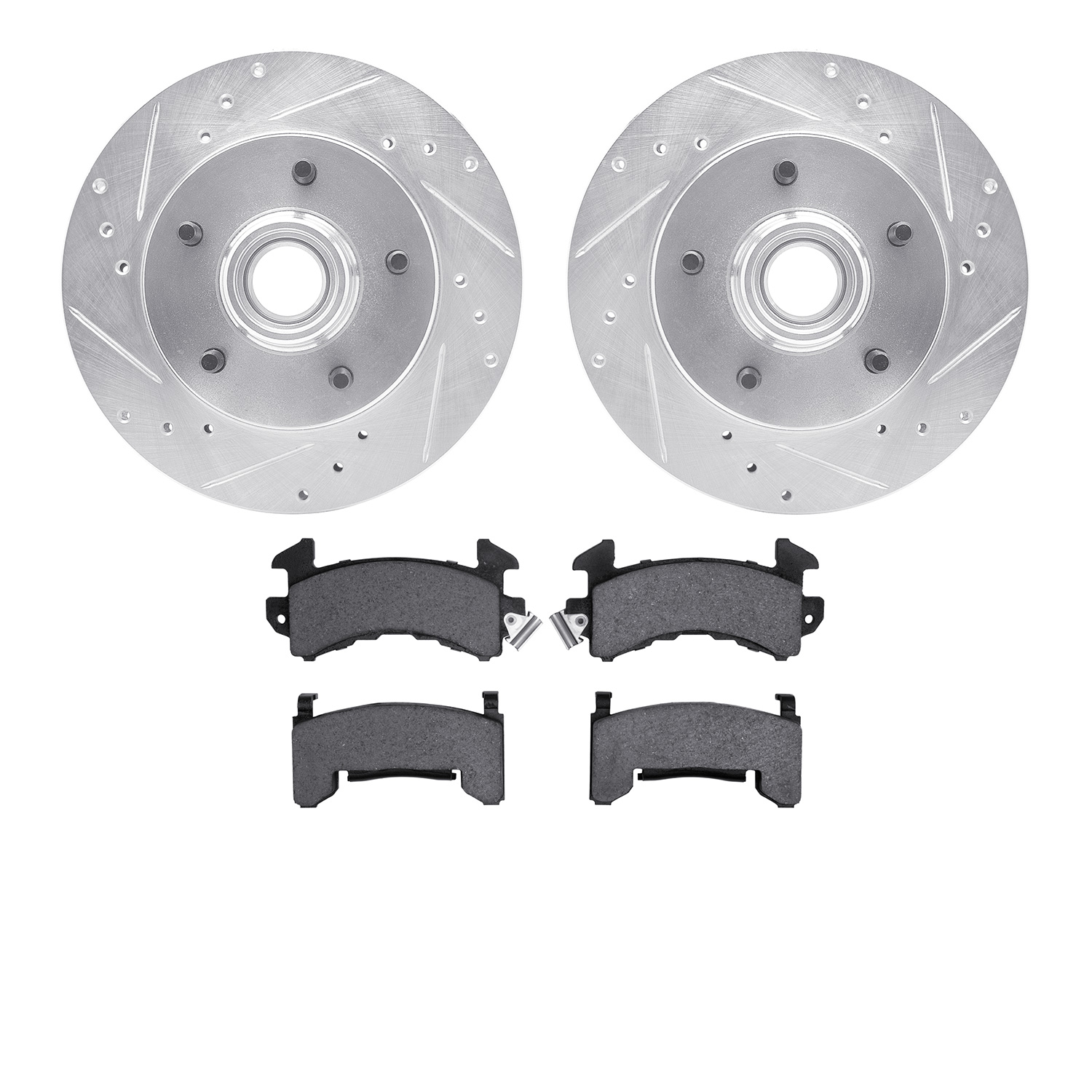7502-47286 Drilled/Slotted Brake Rotors w/5000 Advanced Brake Pads Kit [Silver], 1982-1995 GM, Position: Front