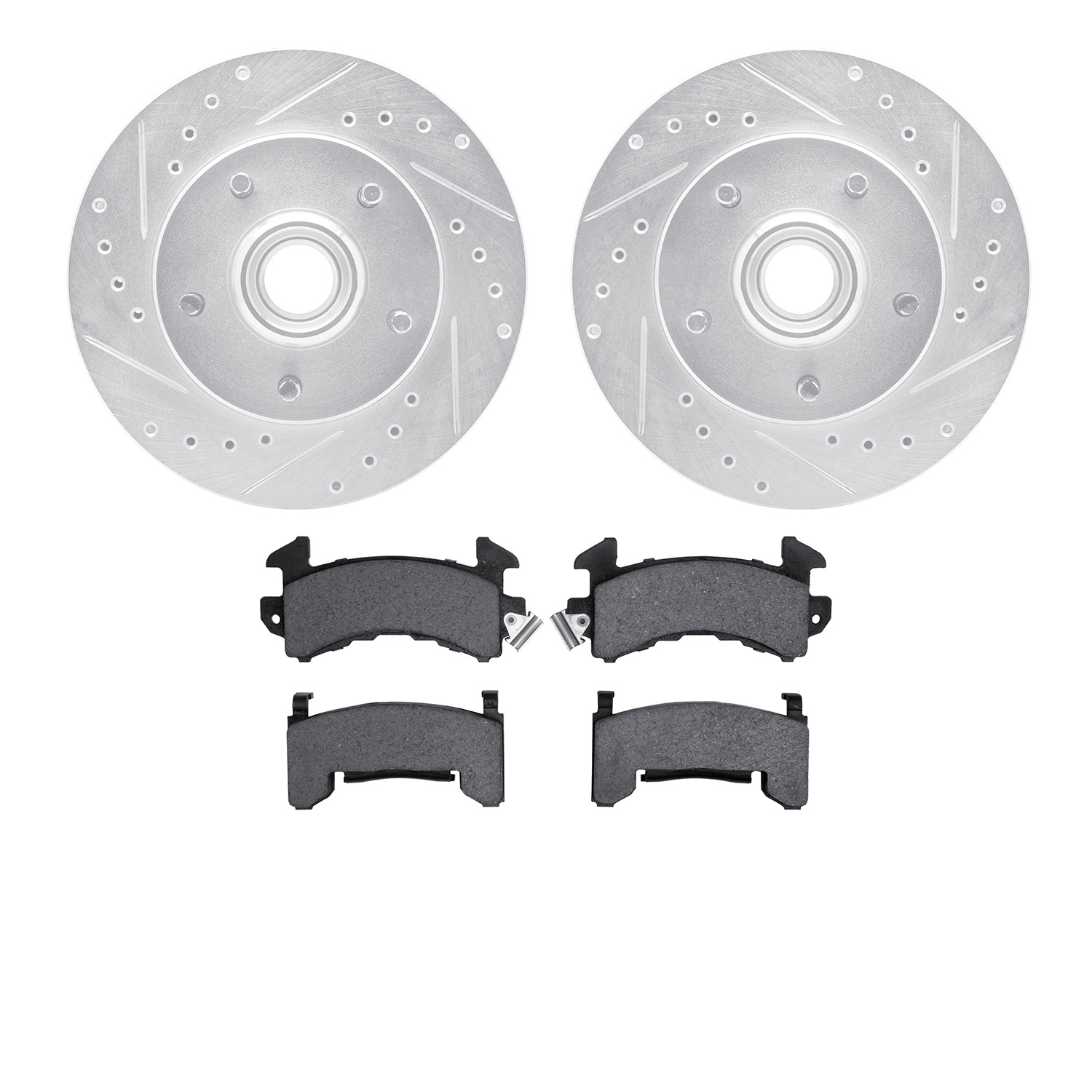 7502-48003 Drilled/Slotted Brake Rotors w/5000 Advanced Brake Pads Kit [Silver], 1998-2003 GM, Position: Front