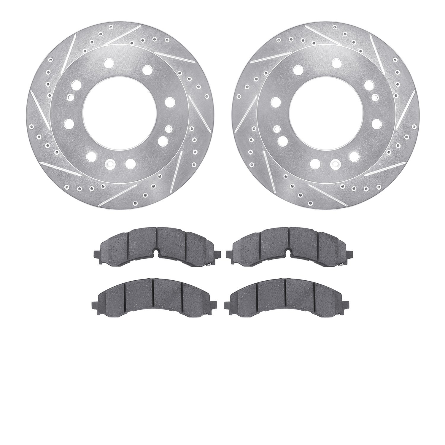 7502-48022 Drilled/Slotted Brake Rotors w/5000 Advanced Brake Pads Kit [Silver], Fits Select GM, Position: Front