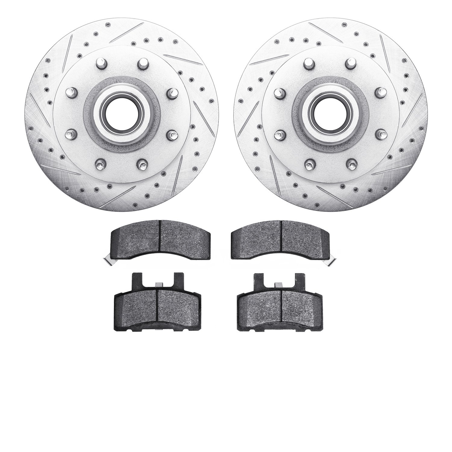 7502-48026 Drilled/Slotted Brake Rotors w/5000 Advanced Brake Pads Kit [Silver], 1988-1996 GM, Position: Front