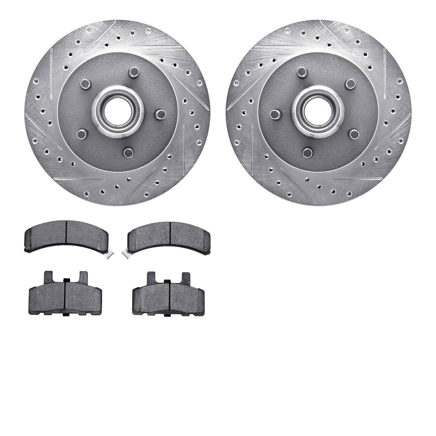 7502-48027 Drilled/Slotted Brake Rotors w/5000 Advanced Brake Pads Kit [Silver], 1992-2002 GM, Position: Front