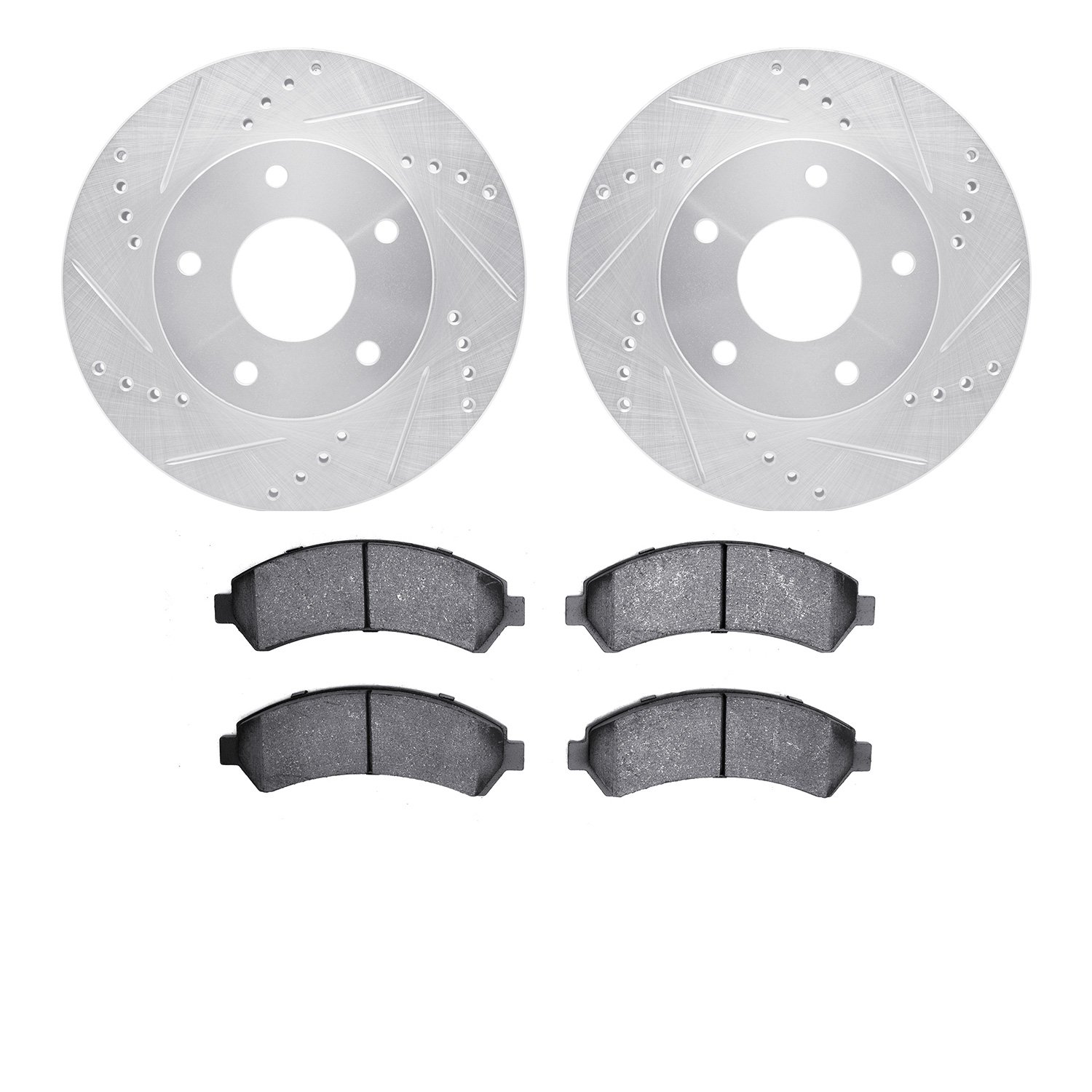 7502-48033 Drilled/Slotted Brake Rotors w/5000 Advanced Brake Pads Kit [Silver], 1997-2005 GM, Position: Front