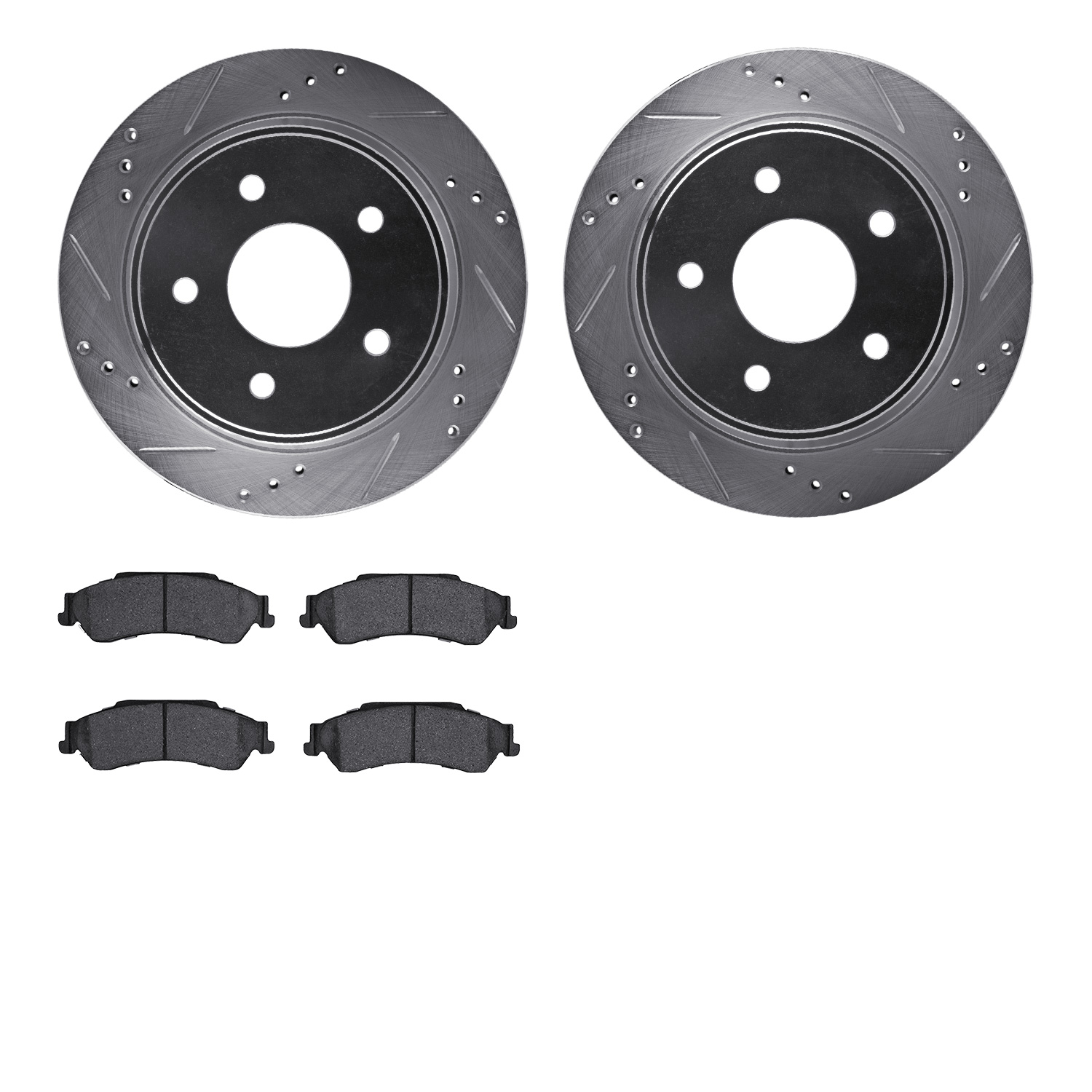 7502-48034 Drilled/Slotted Brake Rotors w/5000 Advanced Brake Pads Kit [Silver], 1997-2005 GM, Position: Rear