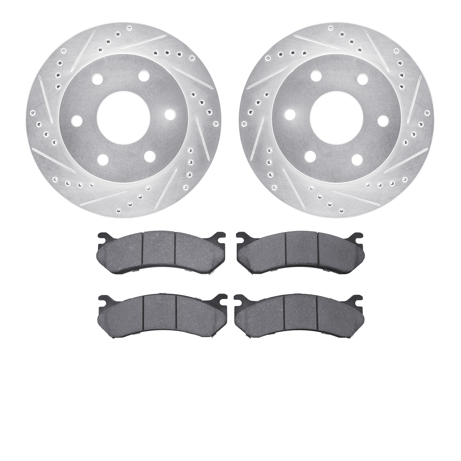7502-48038 Drilled/Slotted Brake Rotors w/5000 Advanced Brake Pads Kit [Silver], 1999-2008 GM, Position: Front