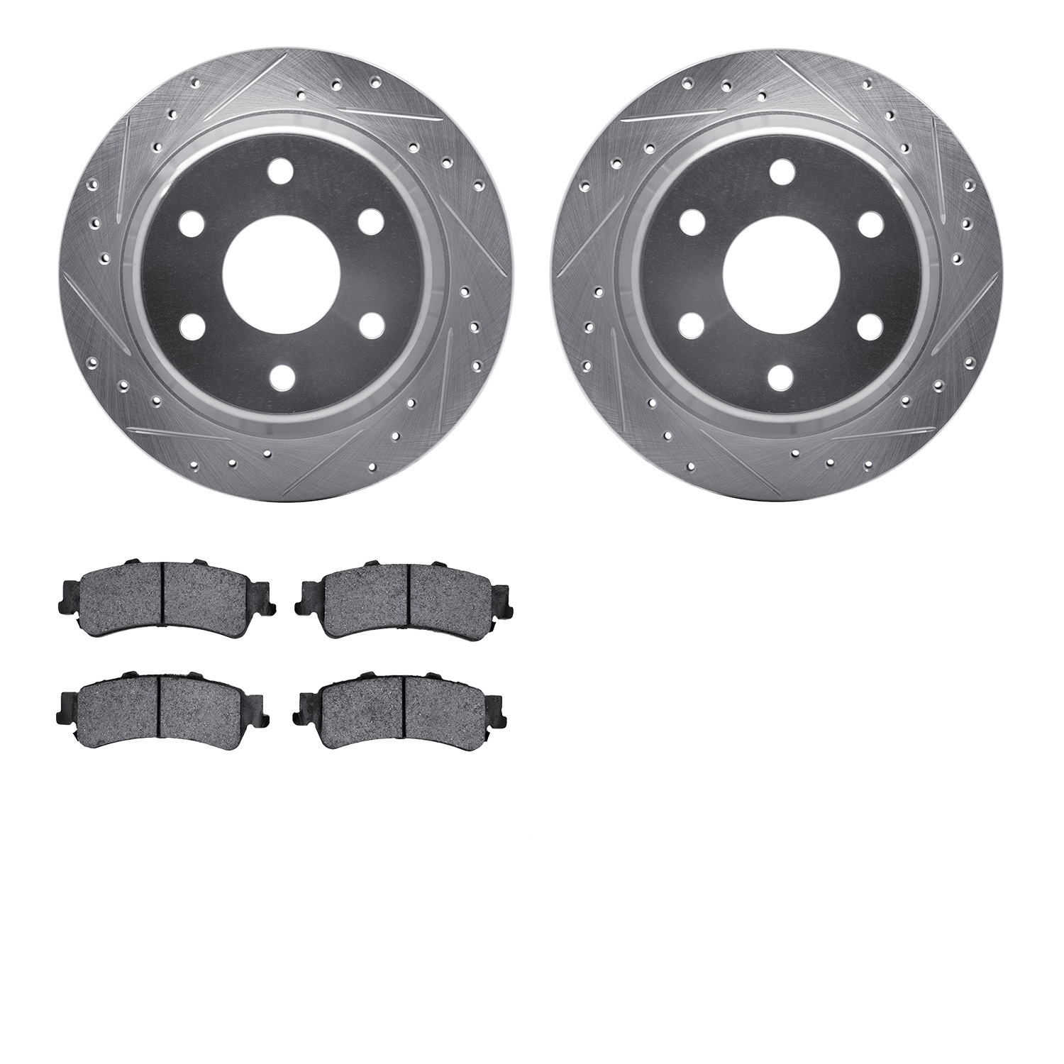 7502-48042 Drilled/Slotted Brake Rotors w/5000 Advanced Brake Pads Kit [Silver], 1999-2007 GM, Position: Rear