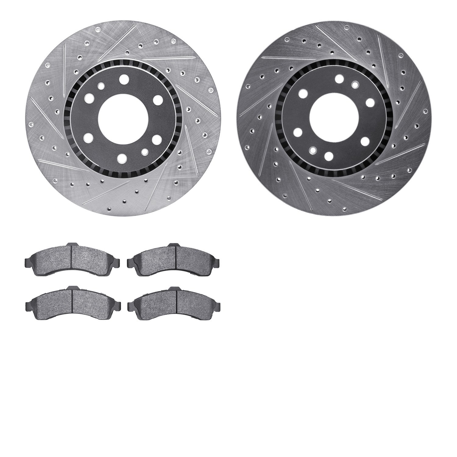 7502-48047 Drilled/Slotted Brake Rotors w/5000 Advanced Brake Pads Kit [Silver], 2002-2005 GM, Position: Front