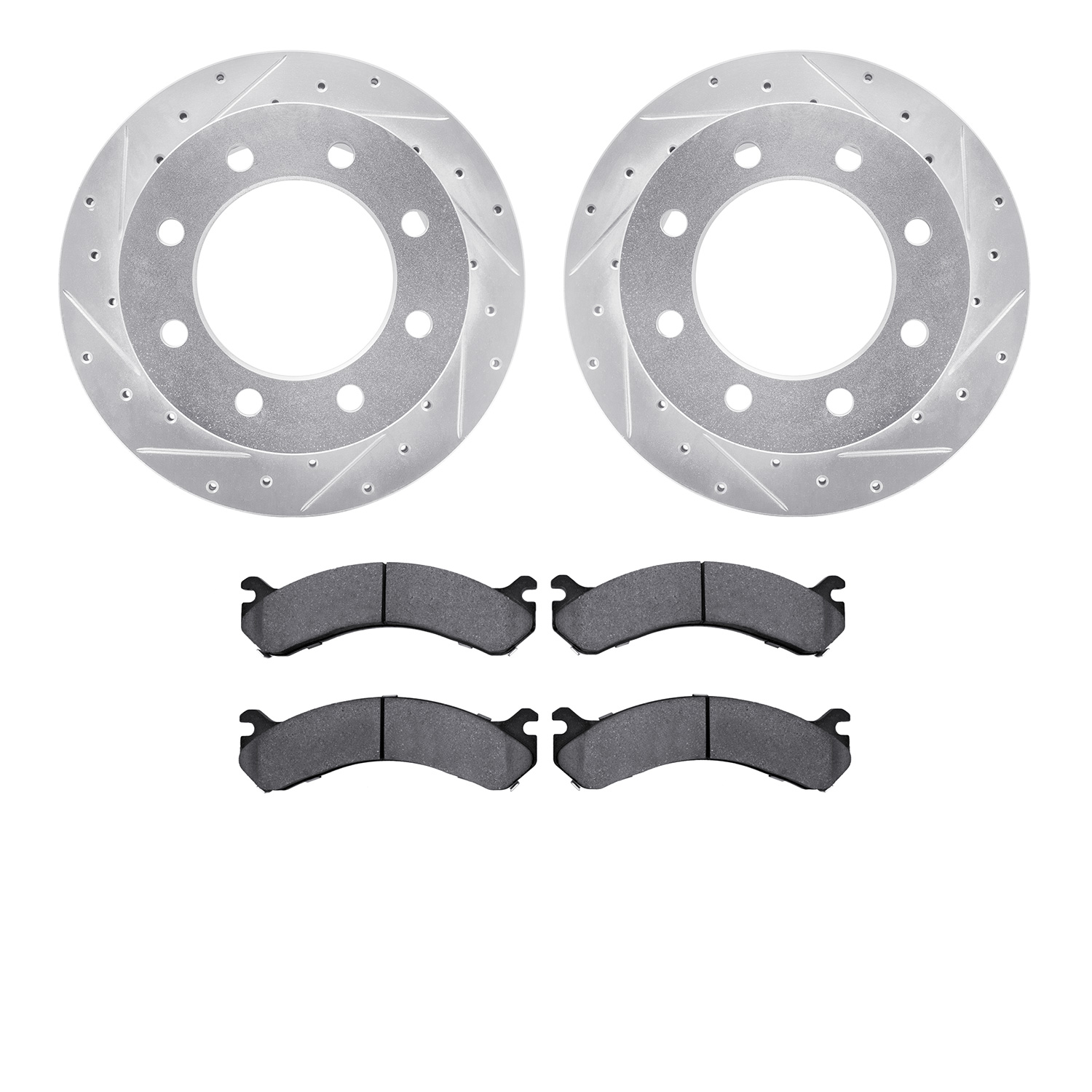 7502-48050 Drilled/Slotted Brake Rotors w/5000 Advanced Brake Pads Kit [Silver], 2001-2010 GM, Position: Rear