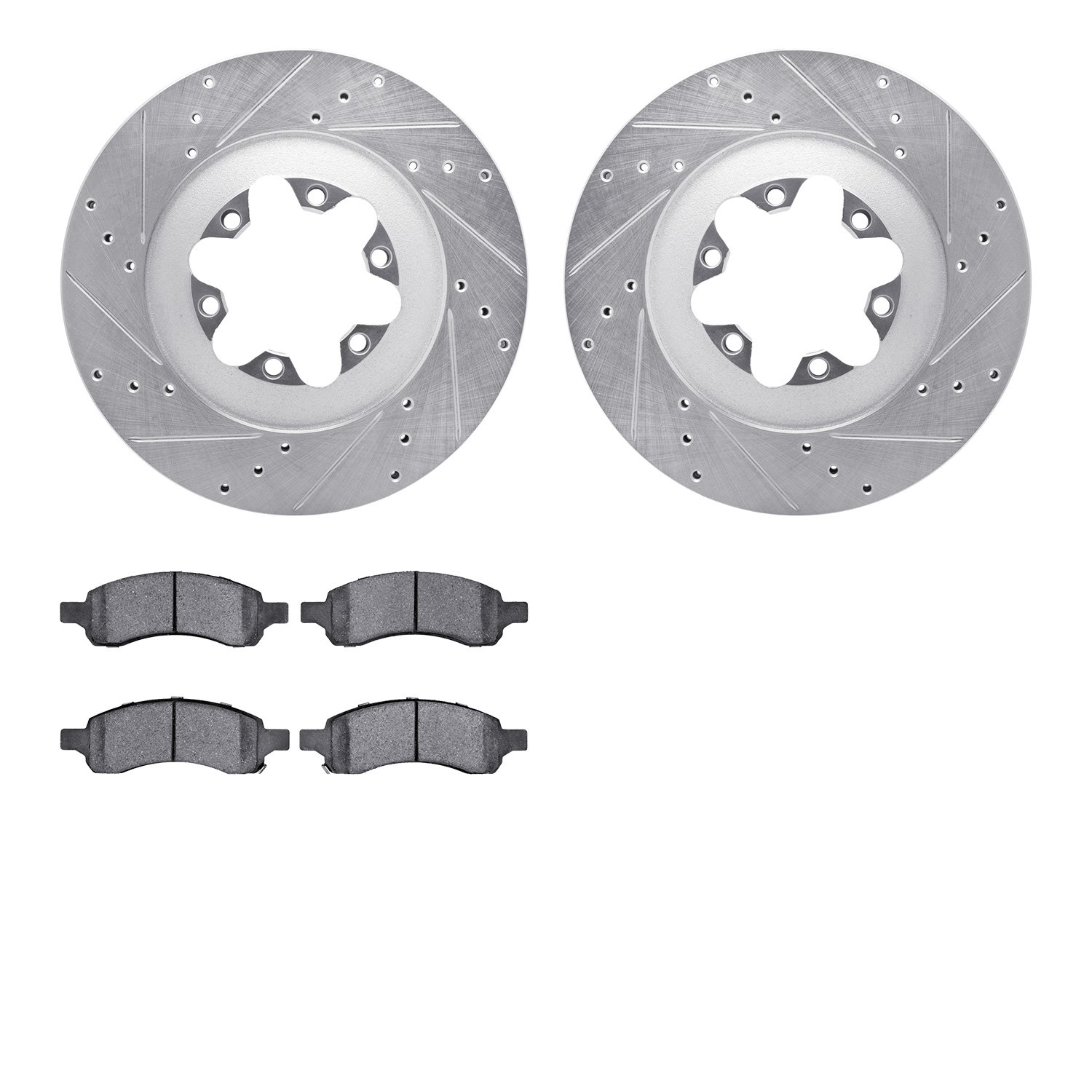 7502-48060 Drilled/Slotted Brake Rotors w/5000 Advanced Brake Pads Kit [Silver], 2009-2012 GM, Position: Front