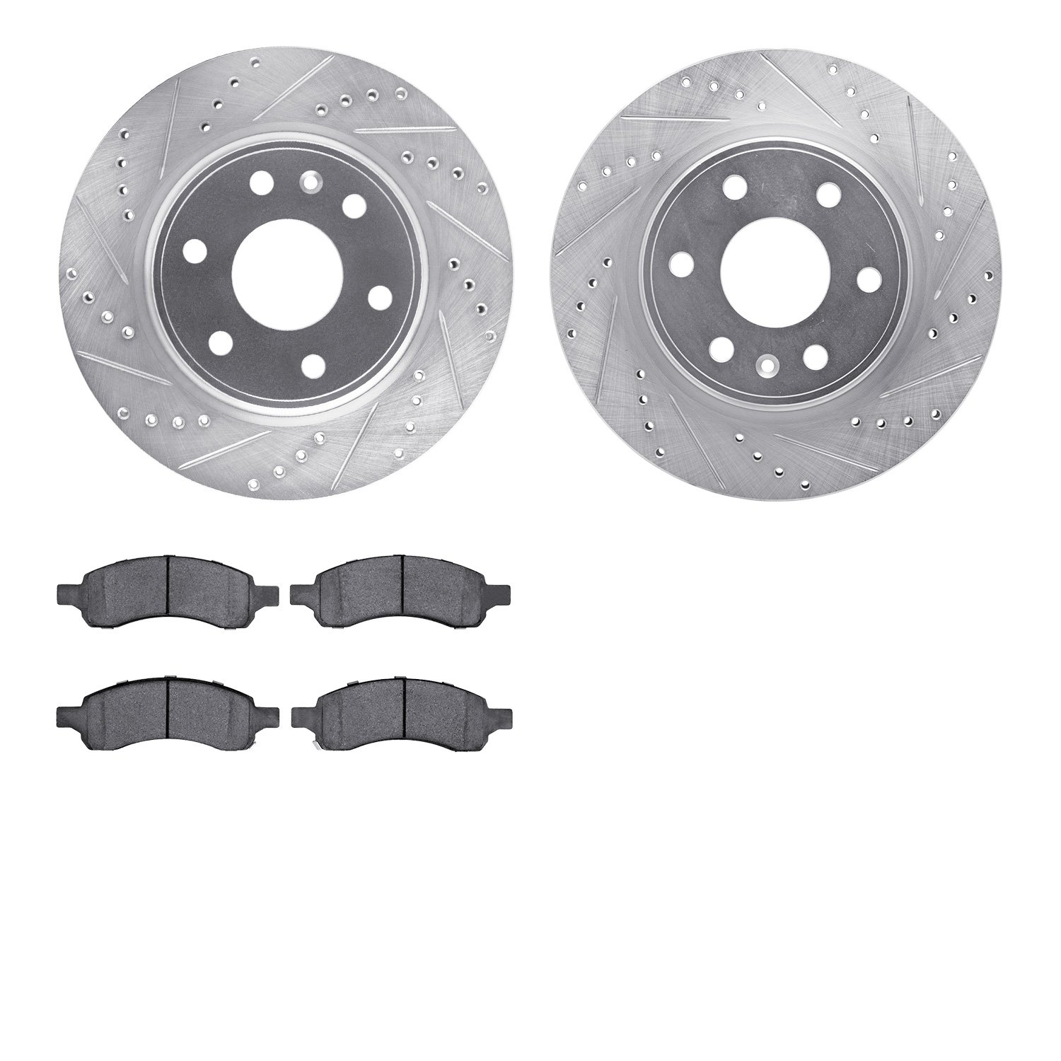 7502-48061 Drilled/Slotted Brake Rotors w/5000 Advanced Brake Pads Kit [Silver], 2007-2017 GM, Position: Front