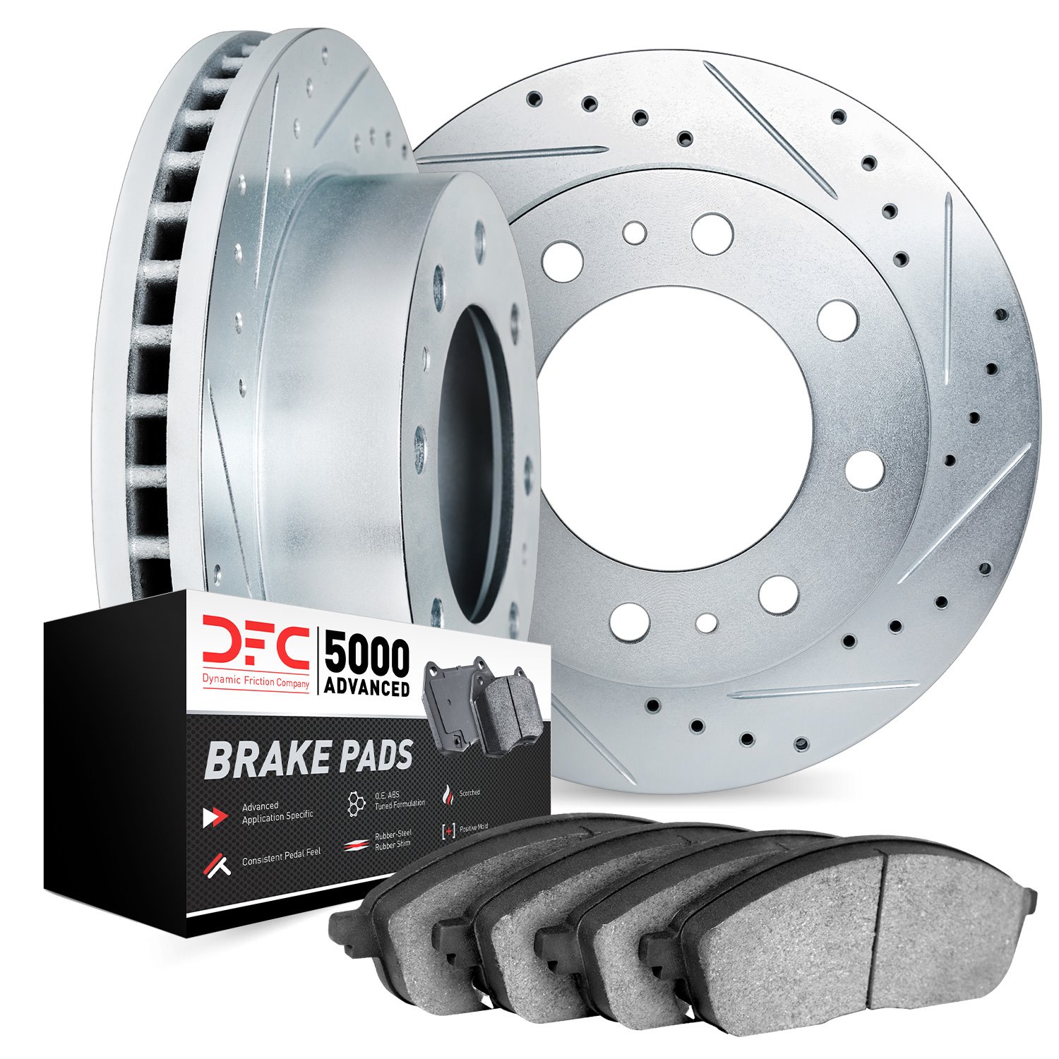 7502-48079 Drilled/Slotted Brake Rotors w/5000 Advanced Brake Pads Kit [Silver], 1974-1996 GM, Position: Front