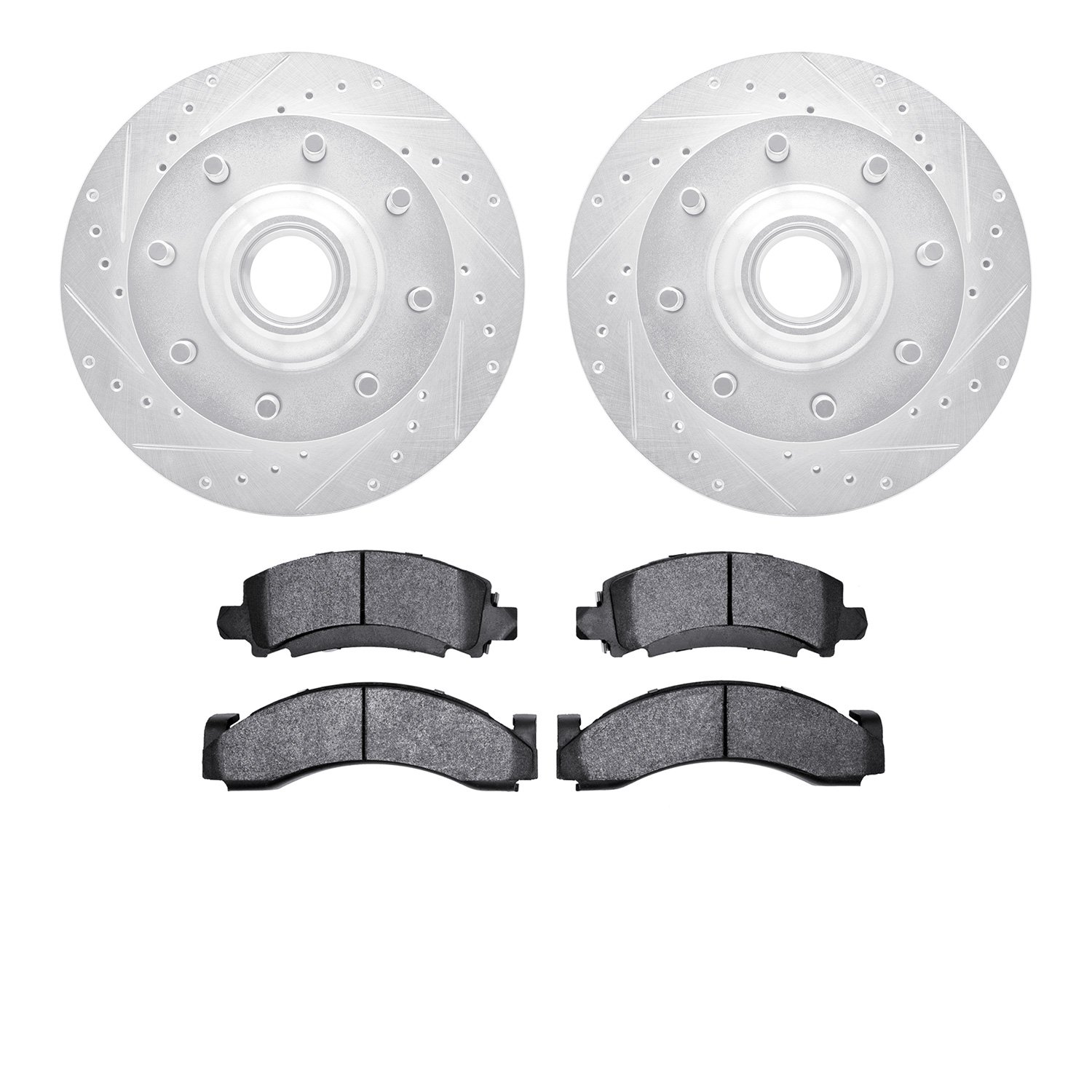 7502-48093 Drilled/Slotted Brake Rotors w/5000 Advanced Brake Pads Kit [Silver], 1994-1995 GM, Position: Front