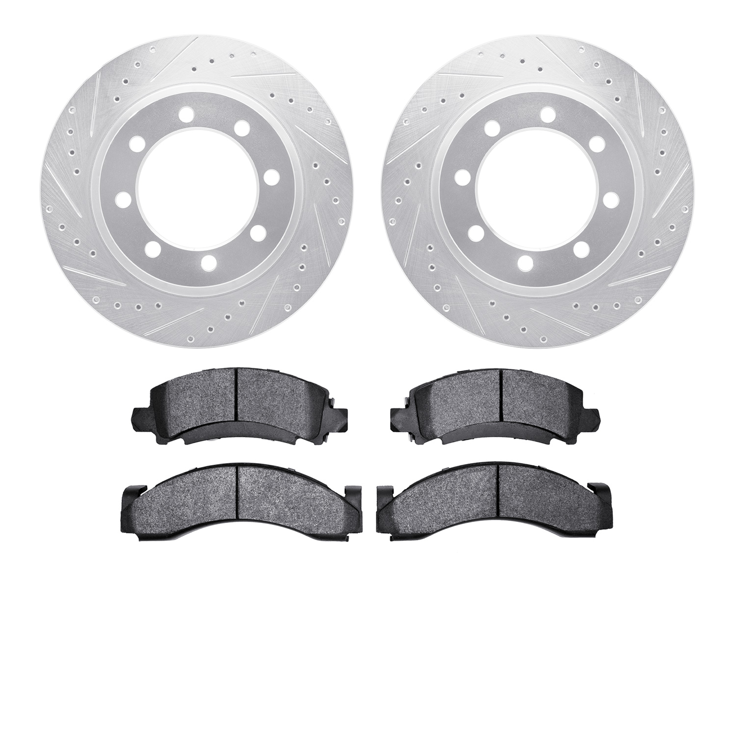 7502-48144 Drilled/Slotted Brake Rotors w/5000 Advanced Brake Pads Kit [Silver], 1976-1996 GM, Position: Front
