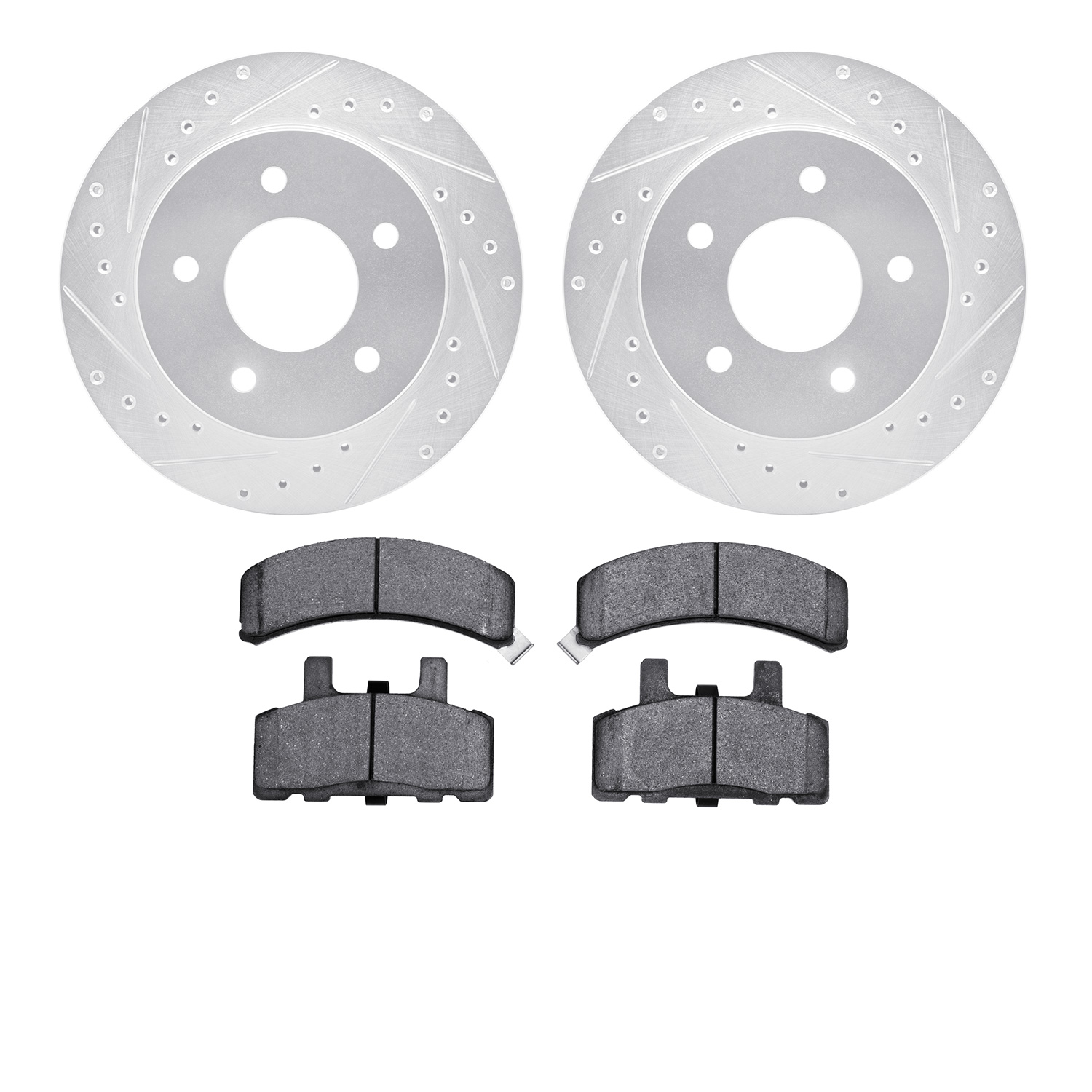 7502-48162 Drilled/Slotted Brake Rotors w/5000 Advanced Brake Pads Kit [Silver], 1990-2002 GM, Position: Front