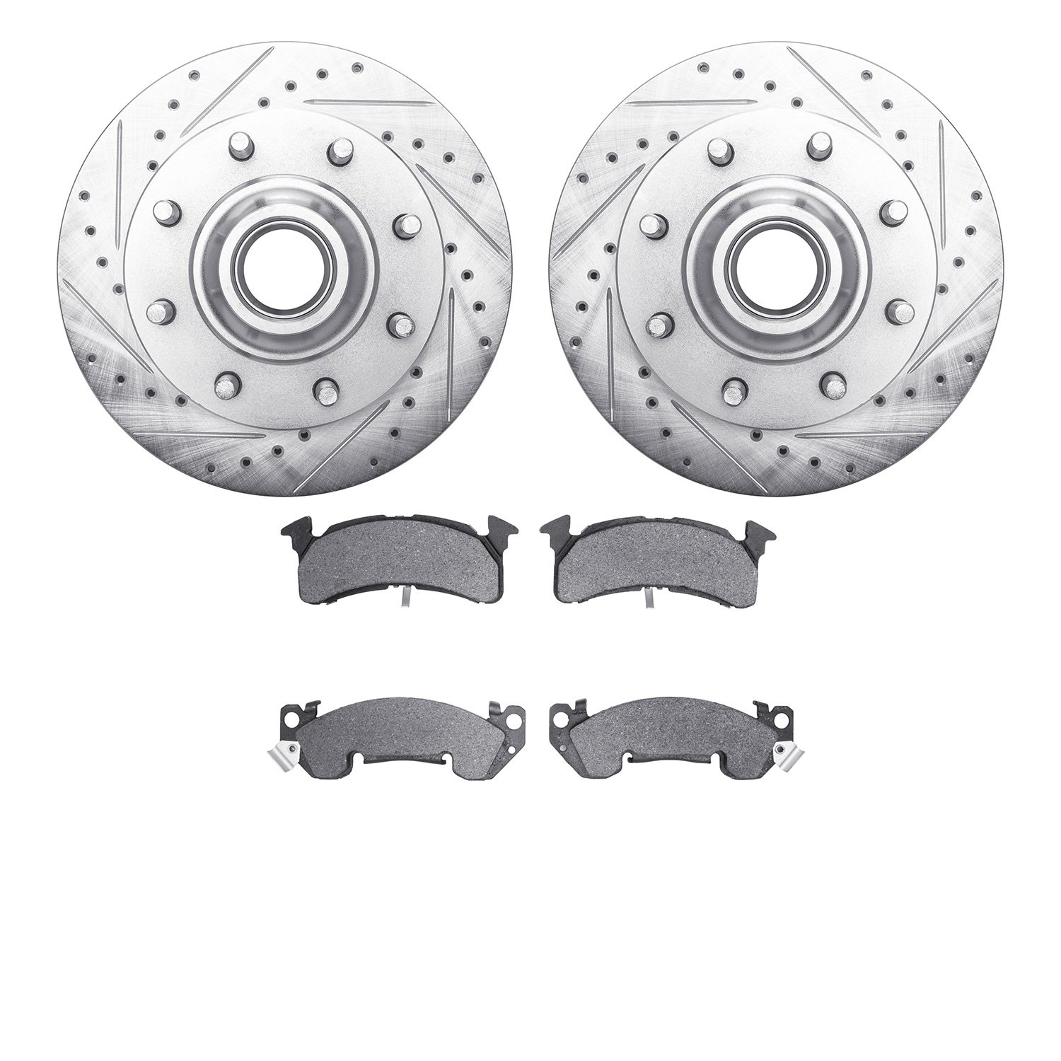 7502-48171 Drilled/Slotted Brake Rotors w/5000 Advanced Brake Pads Kit [Silver], 1993-1995 GM, Position: Front
