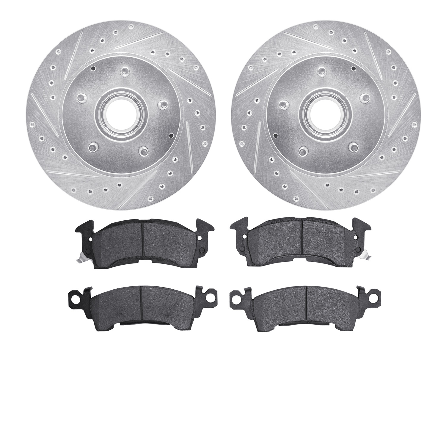 7502-48189 Drilled/Slotted Brake Rotors w/5000 Advanced Brake Pads Kit [Silver], 1993-1995 GM, Position: Front