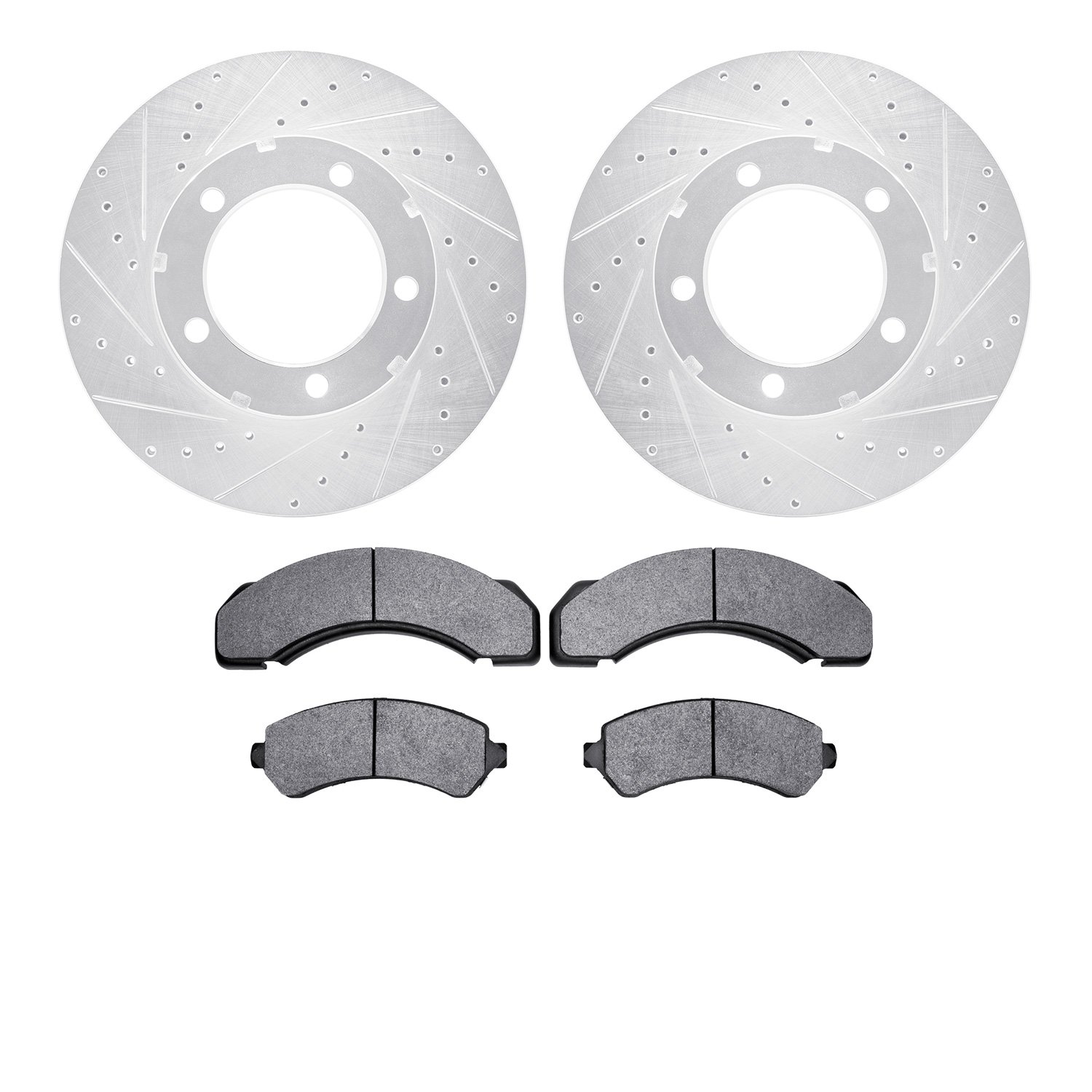 7502-48195 Drilled/Slotted Brake Rotors w/5000 Advanced Brake Pads Kit [Silver], 1994-2005 Multiple Makes/Models, Position: Fron