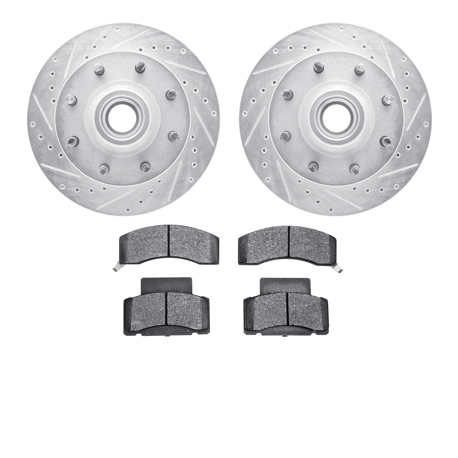 7502-48255 Drilled/Slotted Brake Rotors w/5000 Advanced Brake Pads Kit [Silver], 2001-2002 GM, Position: Front