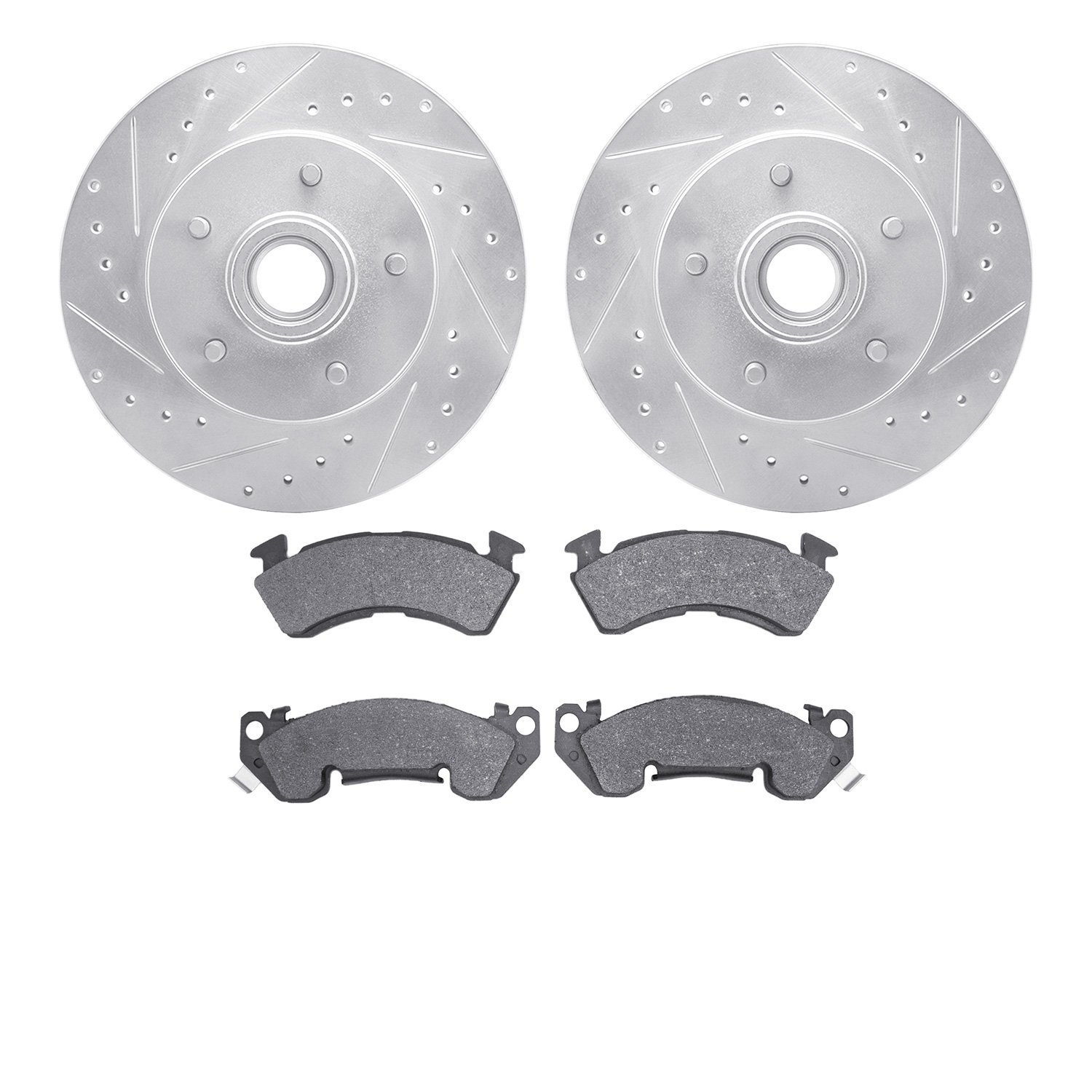 7502-51002 Drilled/Slotted Brake Rotors w/5000 Advanced Brake Pads Kit [Silver], 1991-1996 GM, Position: Front