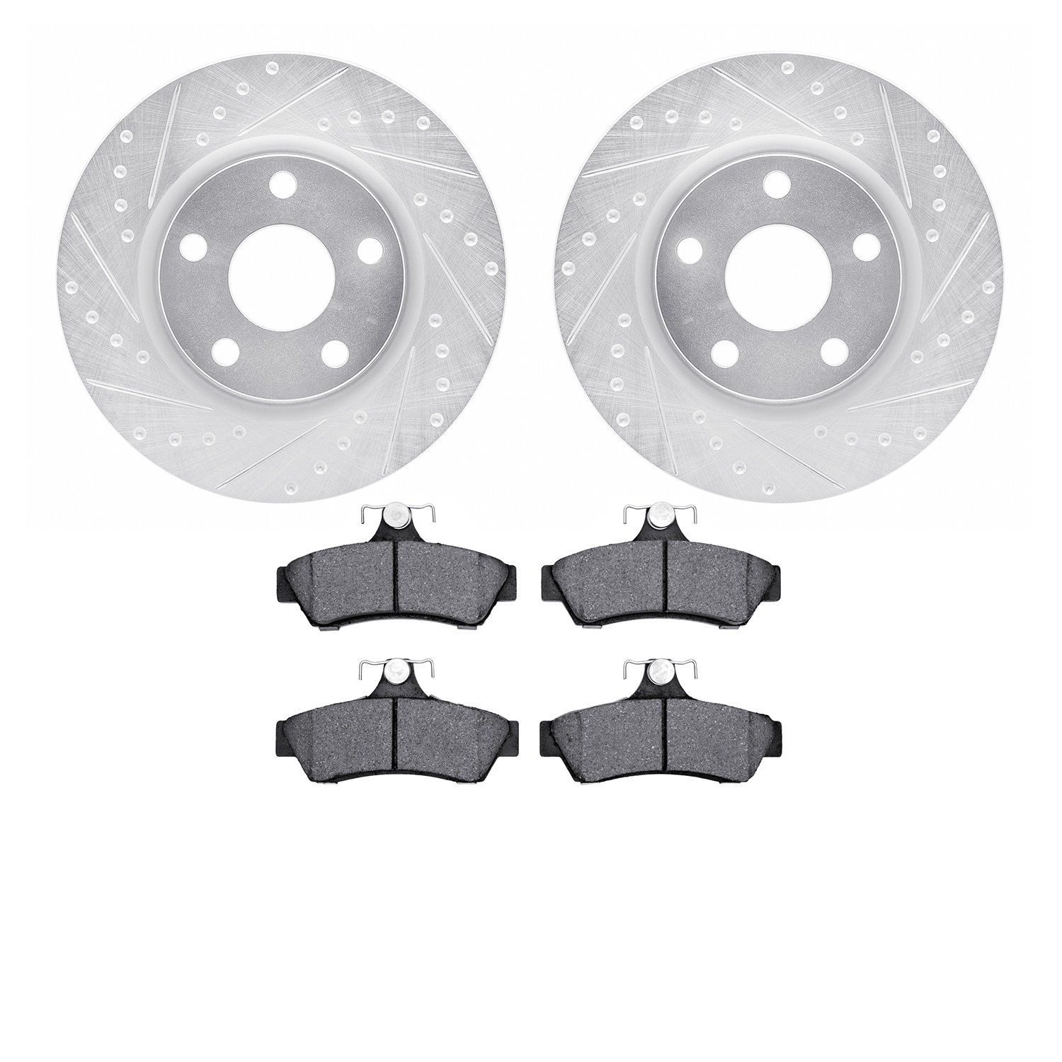 7502-52003 Drilled/Slotted Brake Rotors w/5000 Advanced Brake Pads Kit [Silver], 2005-2006 GM, Position: Rear