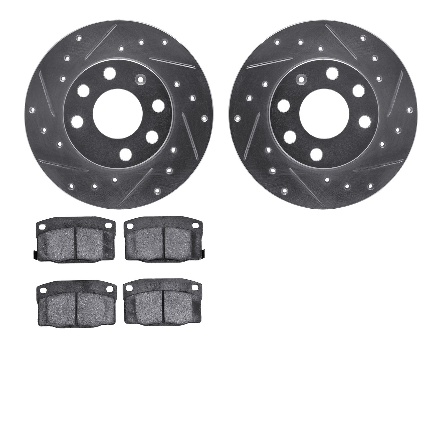 7502-52021 Drilled/Slotted Brake Rotors w/5000 Advanced Brake Pads Kit [Silver], 1988-1989 GM, Position: Front