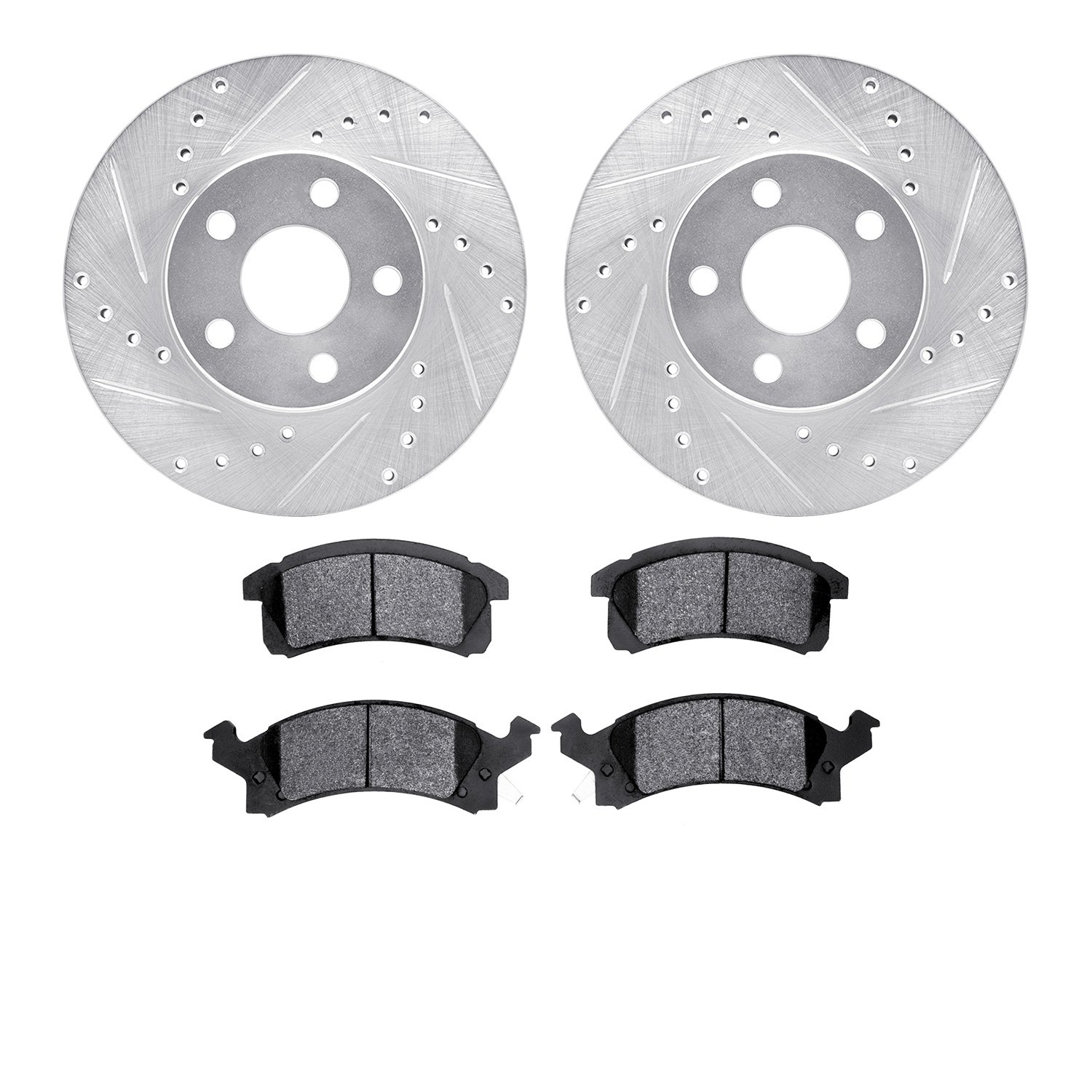 7502-52022 Drilled/Slotted Brake Rotors w/5000 Advanced Brake Pads Kit [Silver], 1990-2005 GM, Position: Front