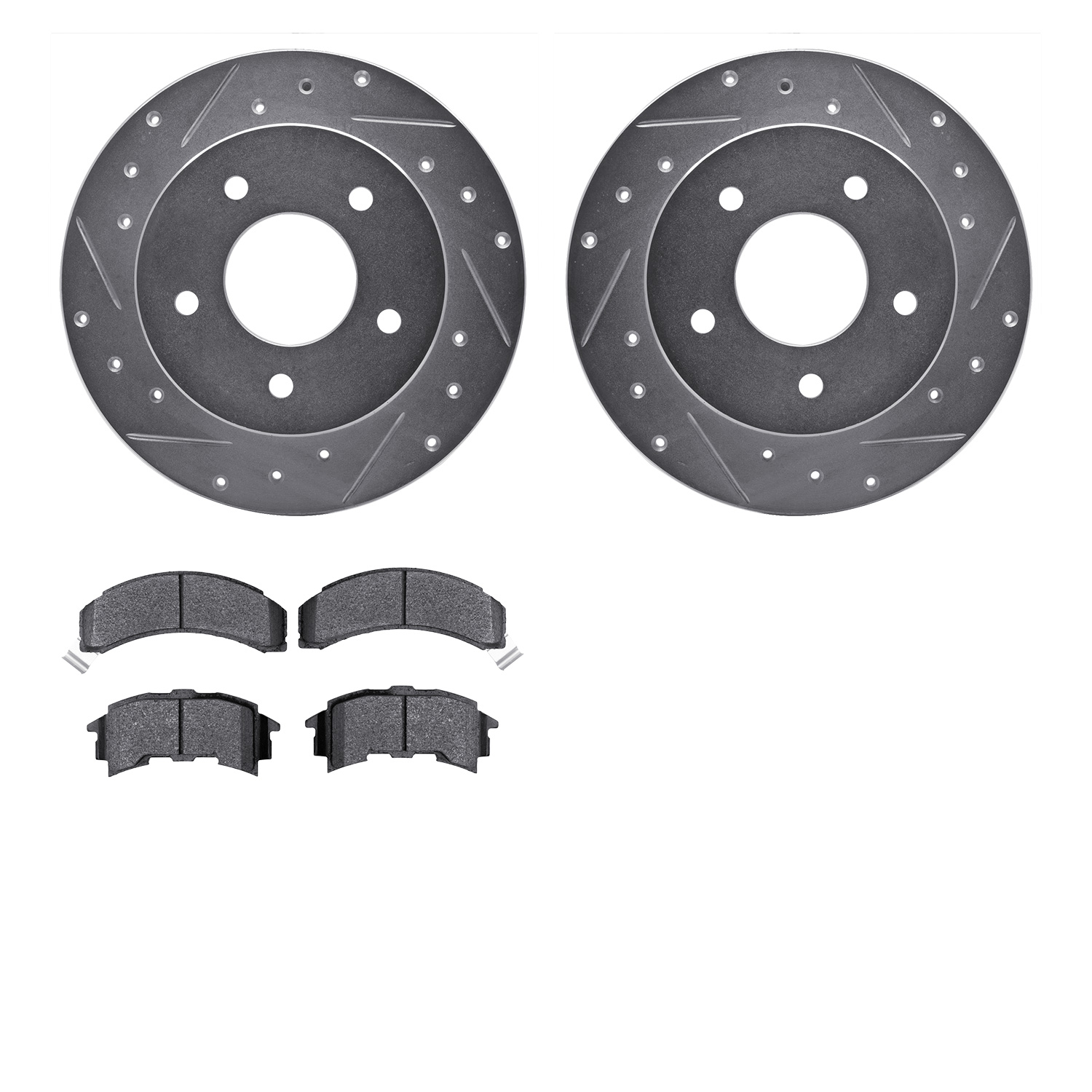 7502-52040 Drilled/Slotted Brake Rotors w/5000 Advanced Brake Pads Kit [Silver], 1984-1988 GM, Position: Rear